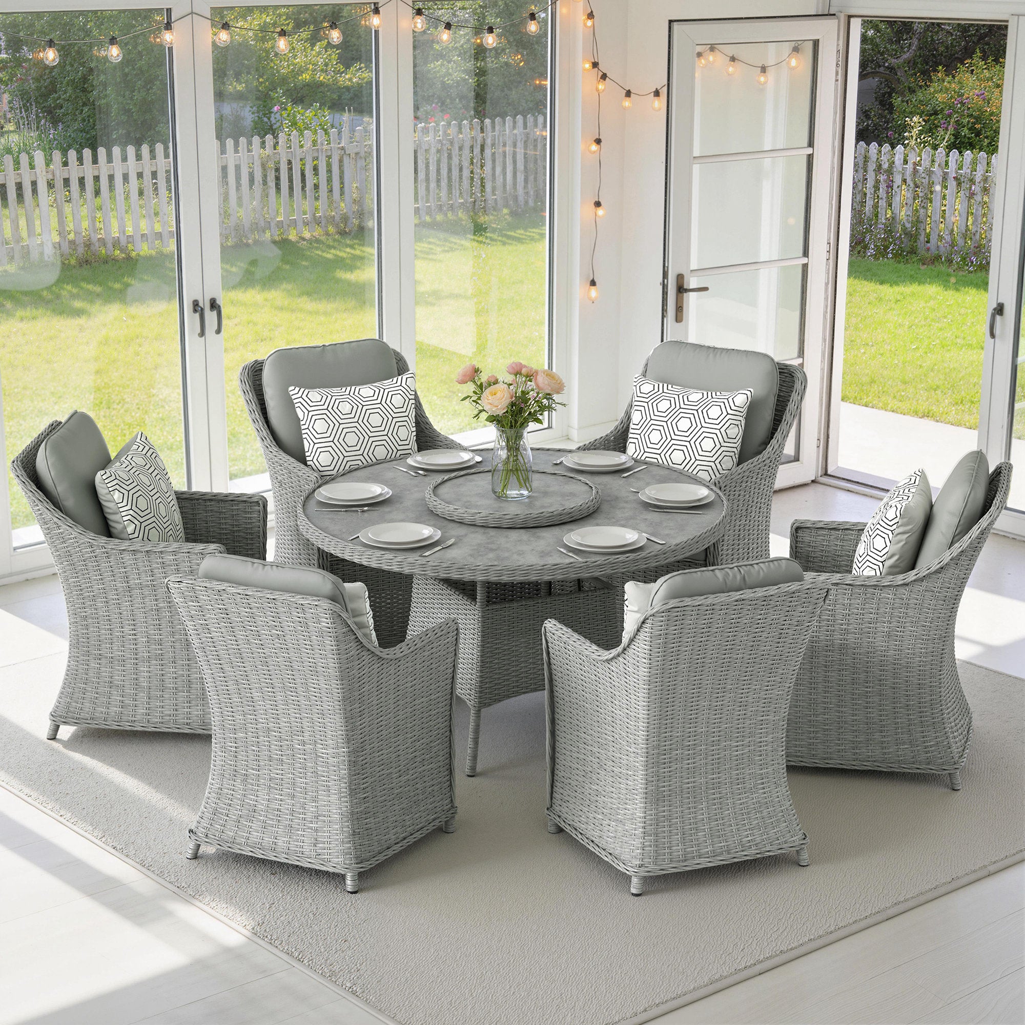 Rattan Dining Set with Turntable, Marble Effect Glass Table and 6 Armchairs, Aluminium Frame, Grey
