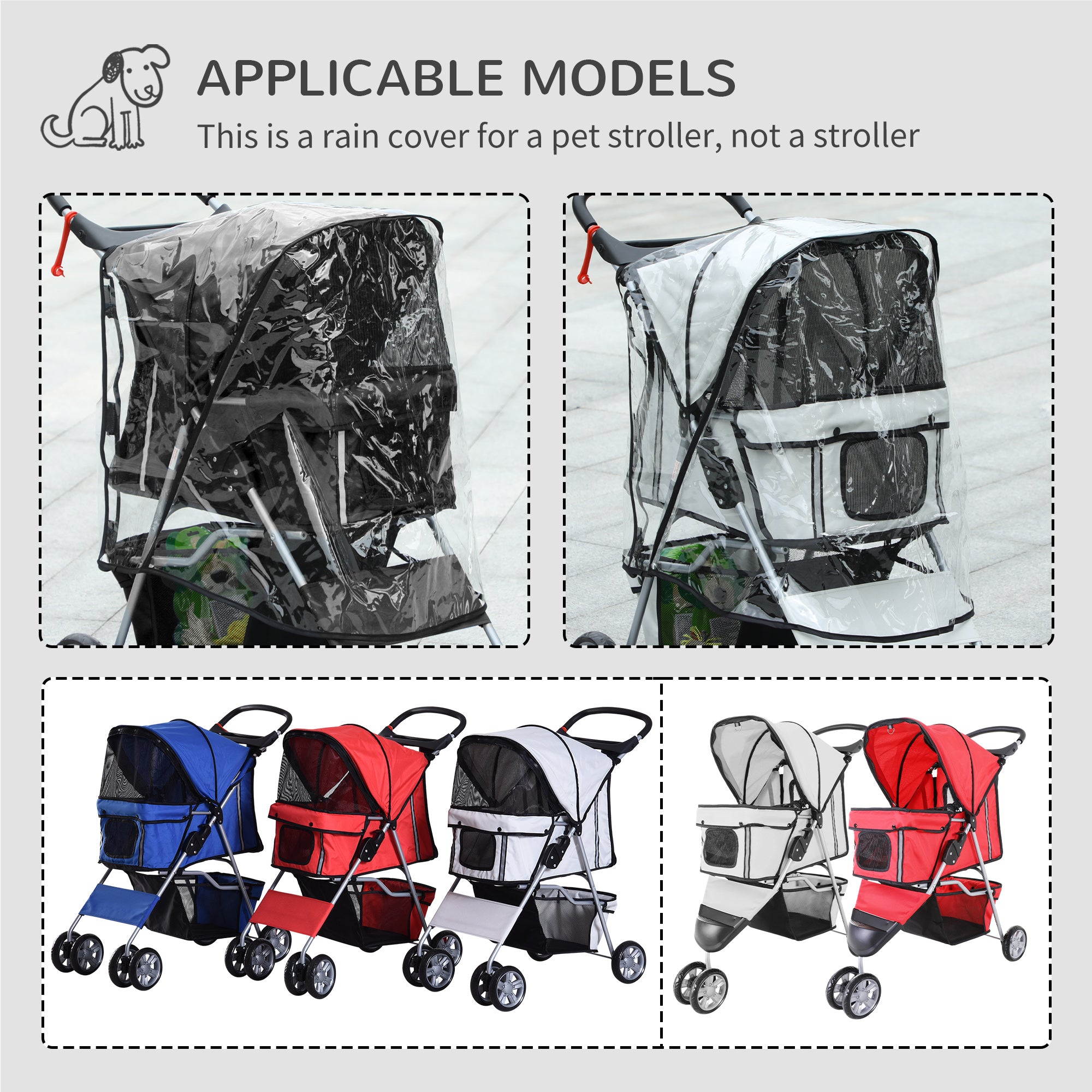 Pet Travel Stroller with Rain Cover, 4 Wheels Foldable Travel Carriage with Wheels Zipper Entry Cup Holder Storage Basket Black