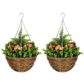 Set of Two Hanging Lisianthus Flower Pots with Wicker Basket - Orange/Green