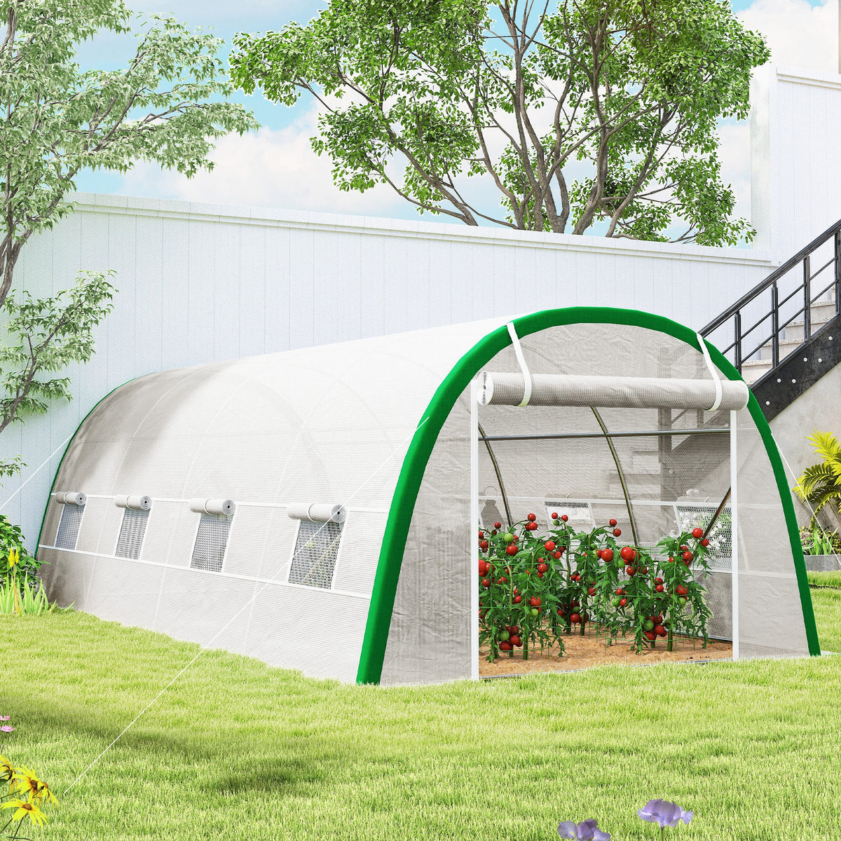 Walk-in Polytunnel Greenhouse Tunnel Warm House Tent with Zipped Doors, 8 Mesh Windows, PE Cover, 6 x 3 m, White