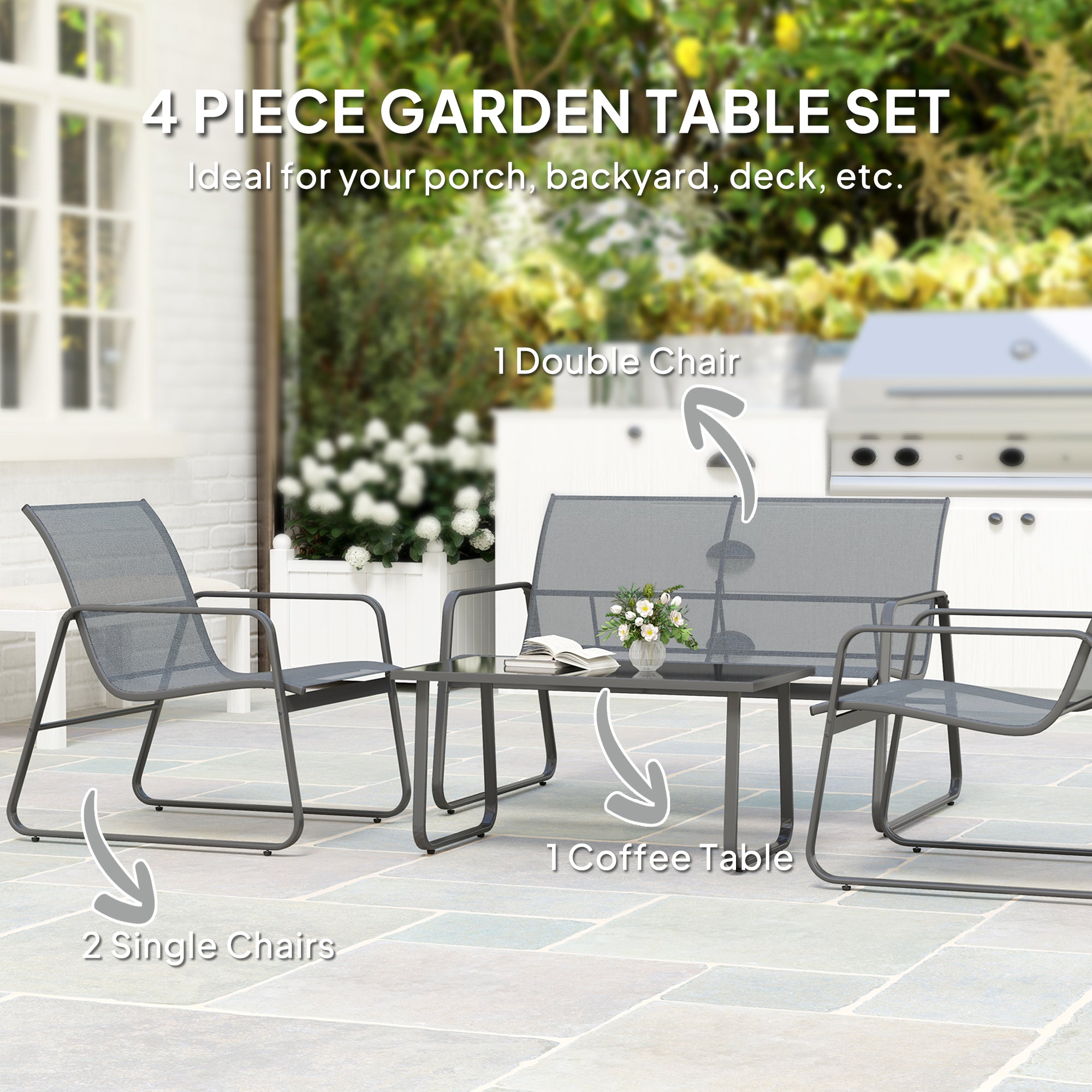 4 Piece Outdoor Garden Furniture Set with Double and Single Chairs & Glass Top Table - Light Grey