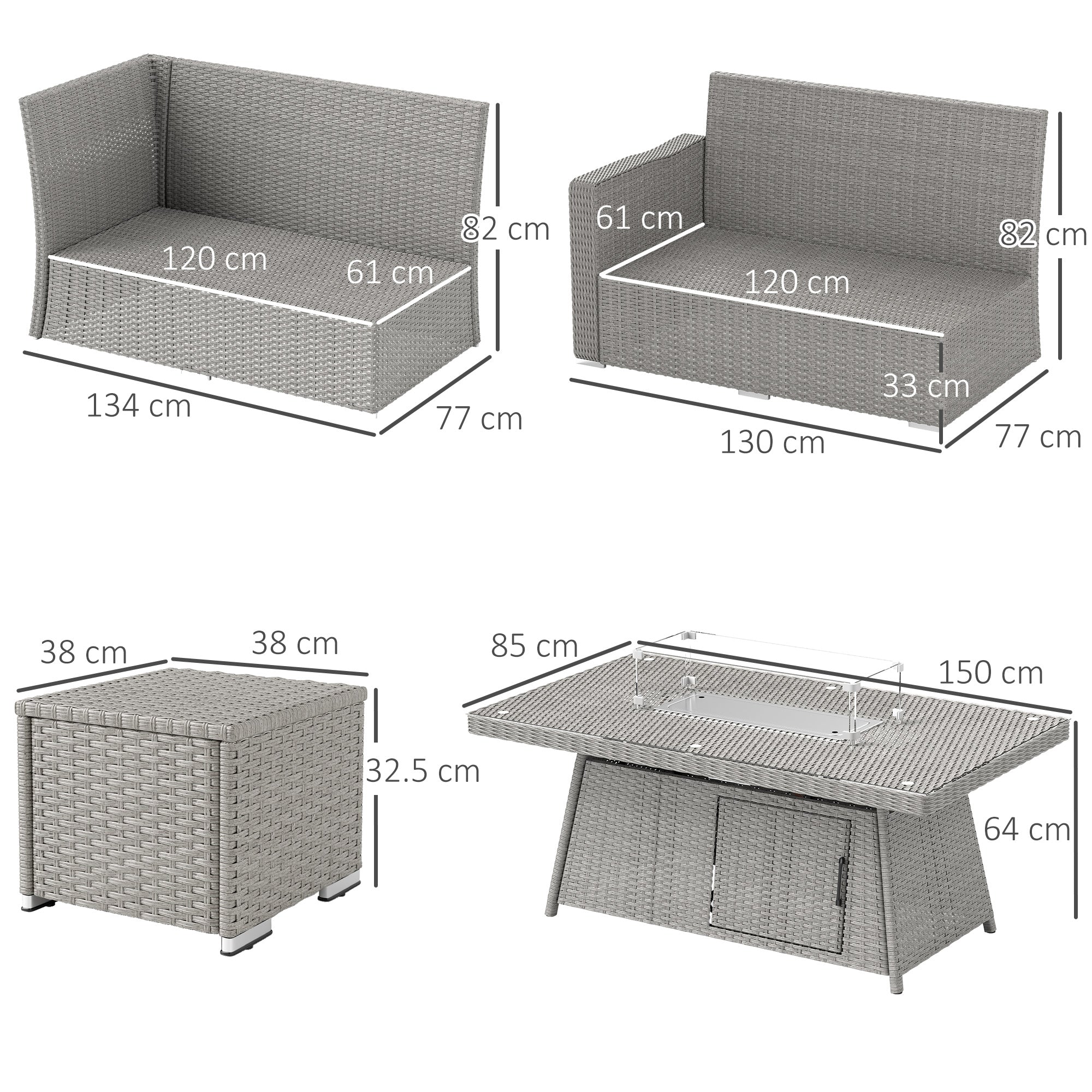 7 Piece Rattan Firepit Sofa Set with Gas Fire Pit Table - Grey