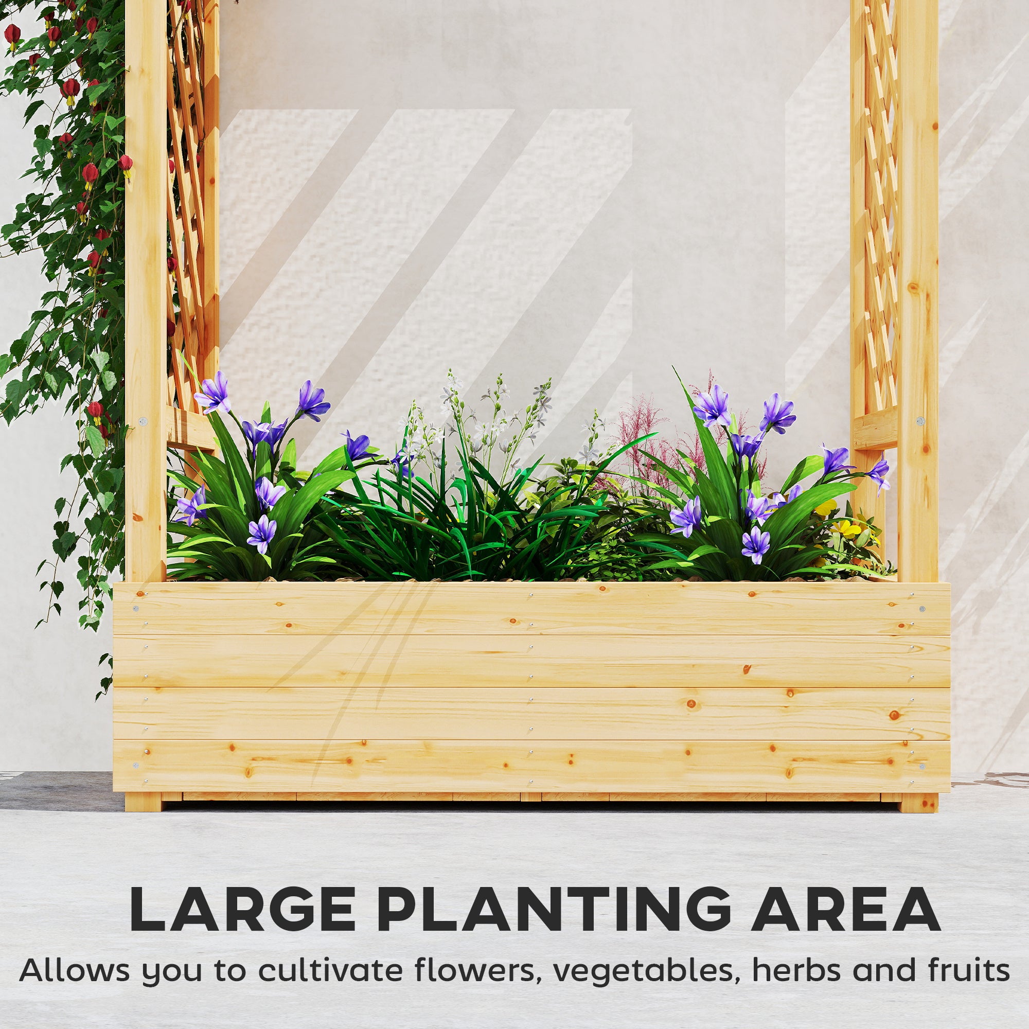 Garden Planter with Trellis, Wooden Raised Bed for Garden with Hanging Roof and Drainage Holes, Outdoor Trellis Planter Box for Vegetables, Herbs and Flowers, 110 x 44 x 113 cm, Natural