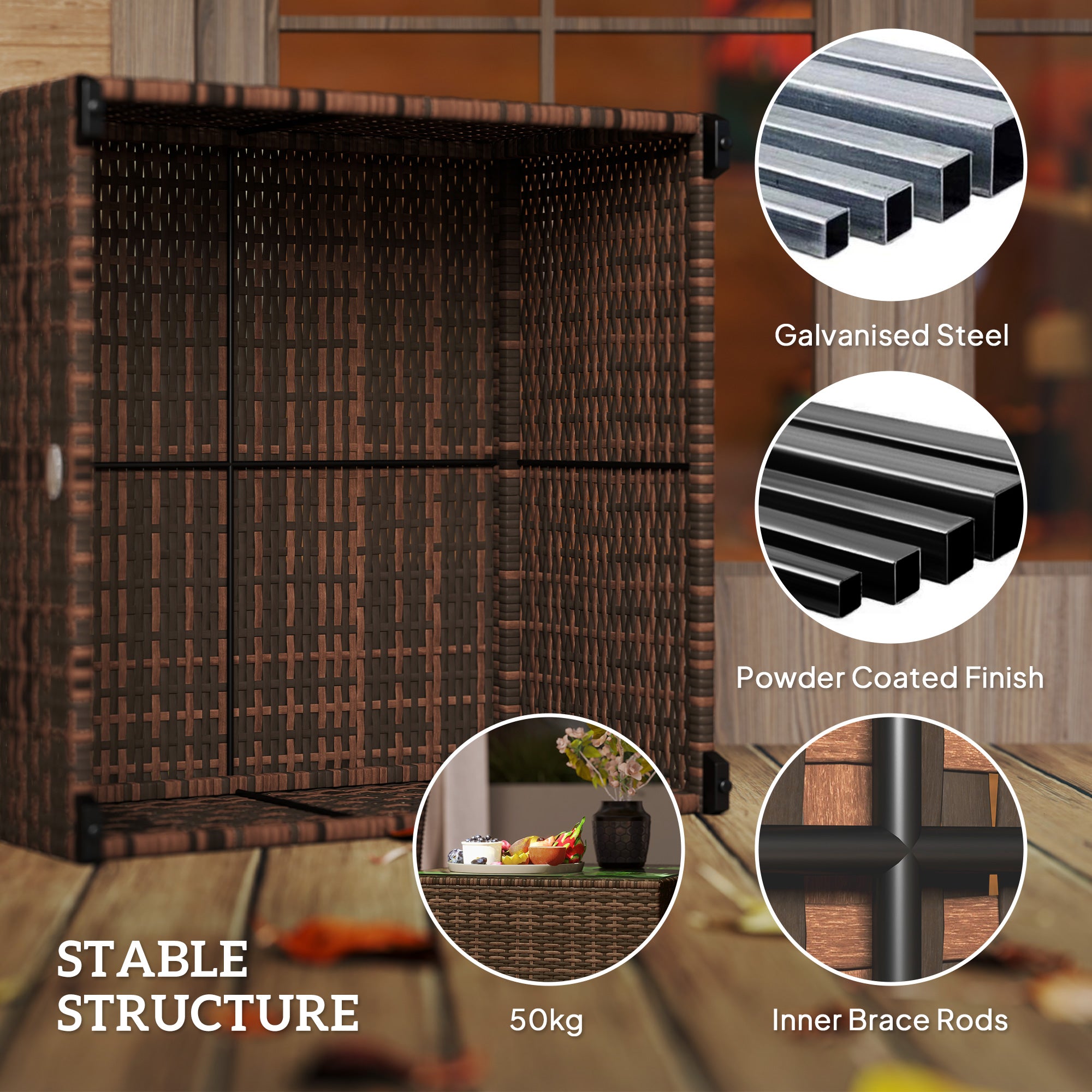 62cm Glass Top Rattan Side Table with Tempered Glass - Brown