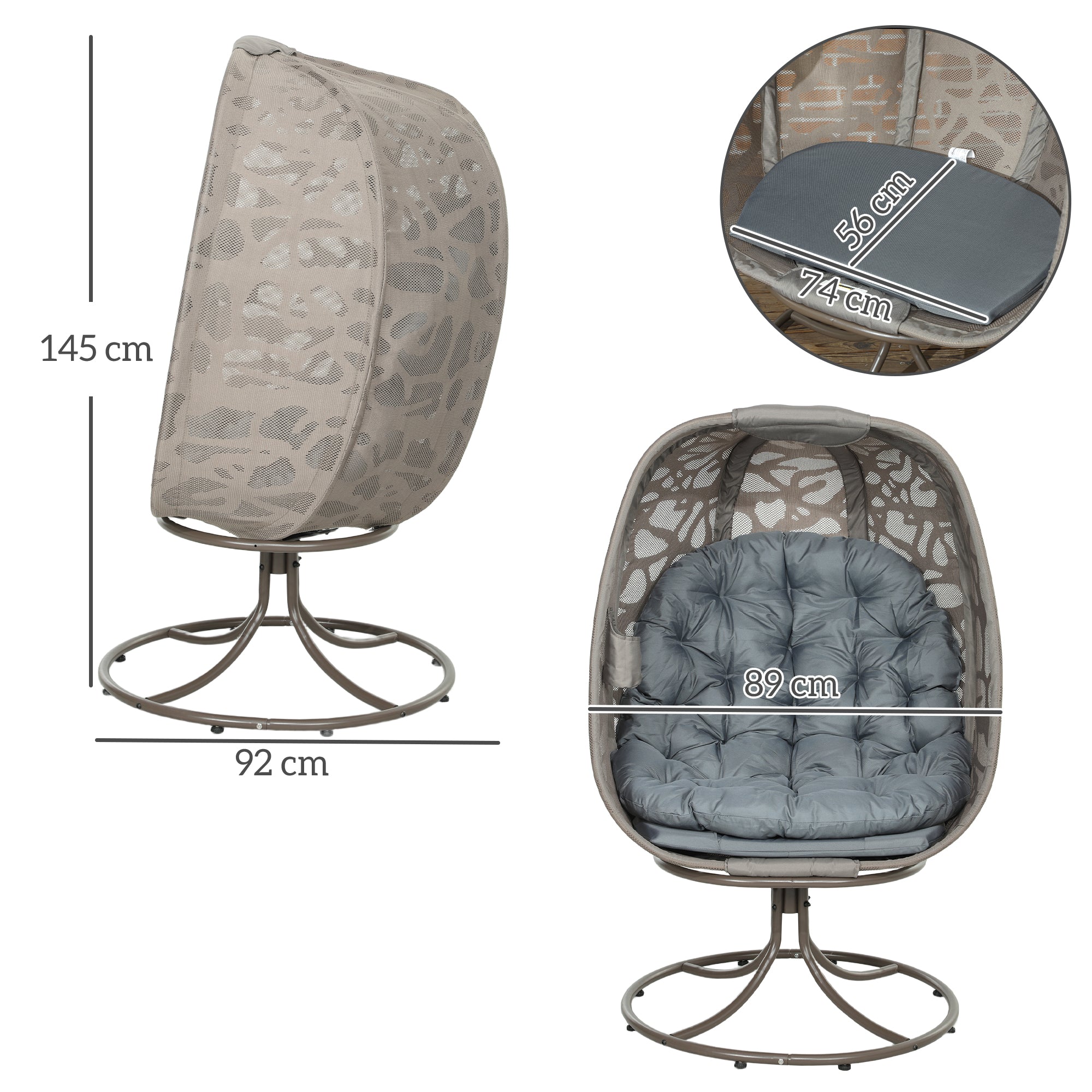 Swivel Egg Chair with Cushions and Metal Frame - Grey