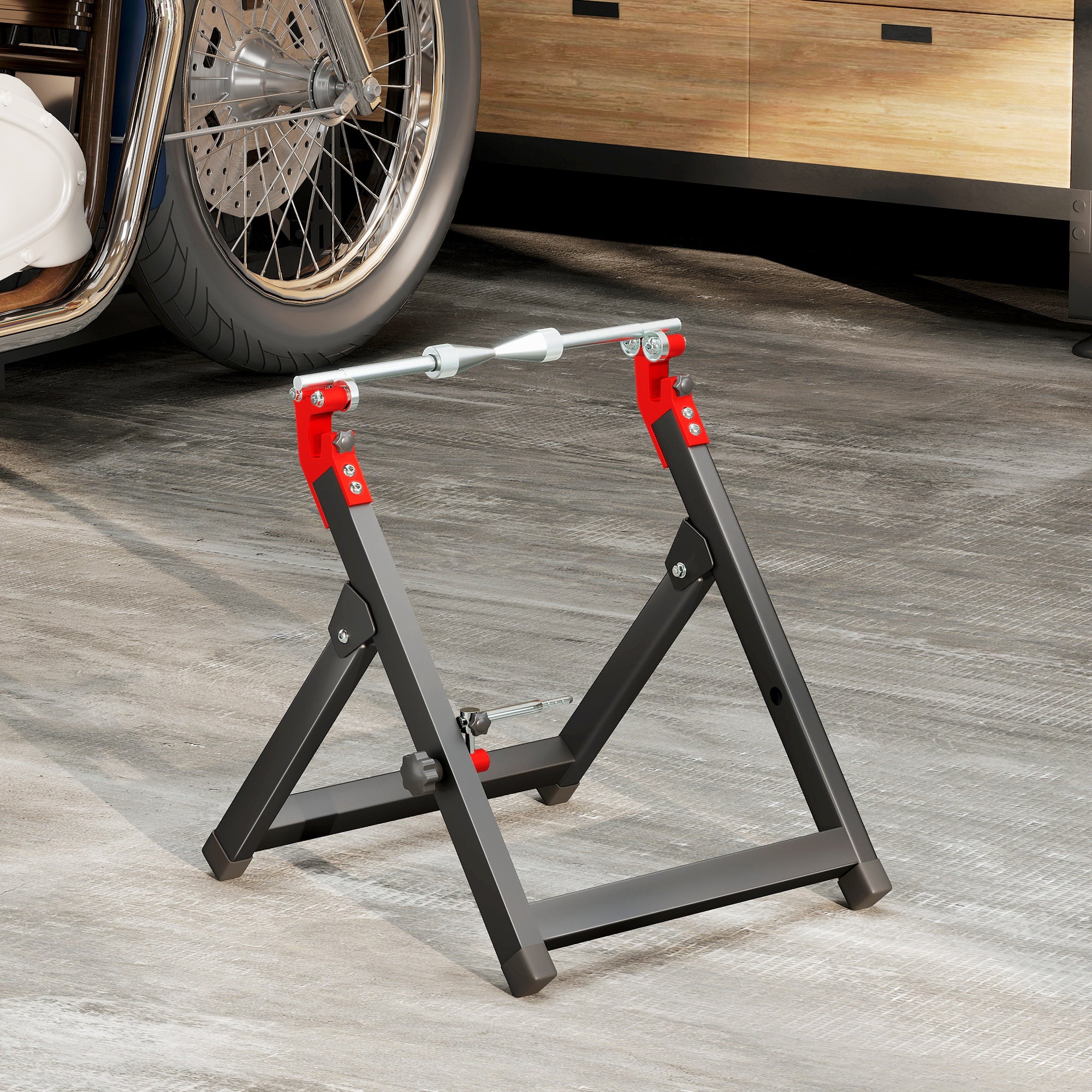 Foldable Motorcycle Wheel Balancer Truing Stand with Spoke Wrench, Steel Bike Tyre Rim Balancing Stand with Aluminium Shaft, Fits Wheels up to 23" in Diameter, 5" in Width, Black