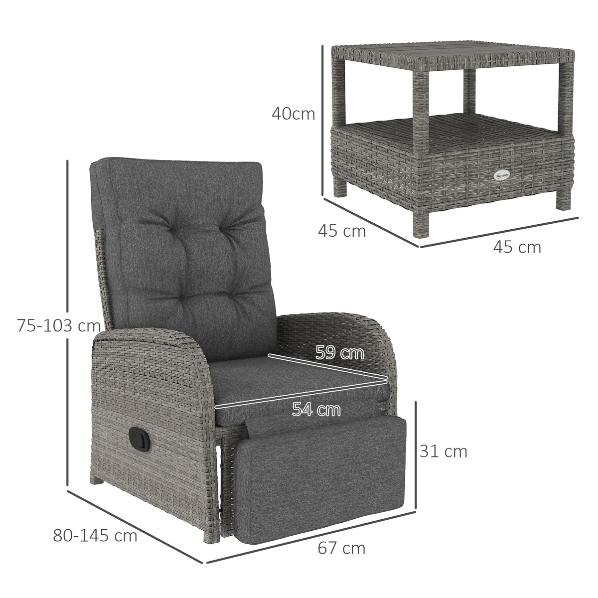 2 Seater Patio Rattan Wicker Chaise Lounge Sofa Set with Cushions and Coffee Table - Grey