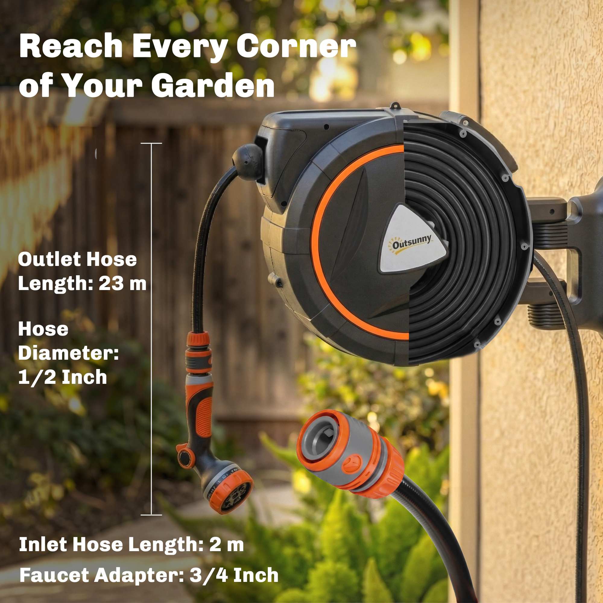 23+2m Retractable Hose Reel Wall Mounted with Auto Retraction, Self-Locking, Slow Return System, 12-Pattern Nozzles