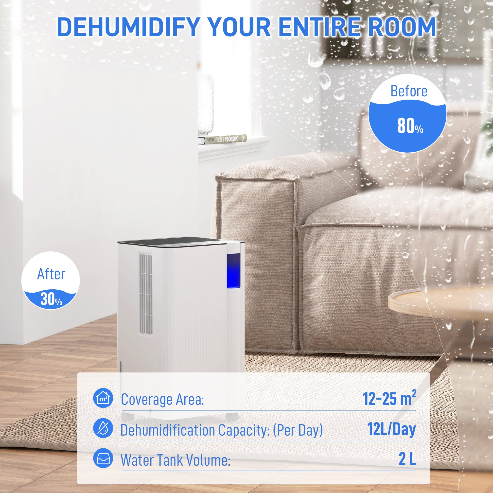 12L/Day Dehumidifier with 2L Tank, Continuous Drainage, Digital Display, Timer & Child Lock for Bedroom - White