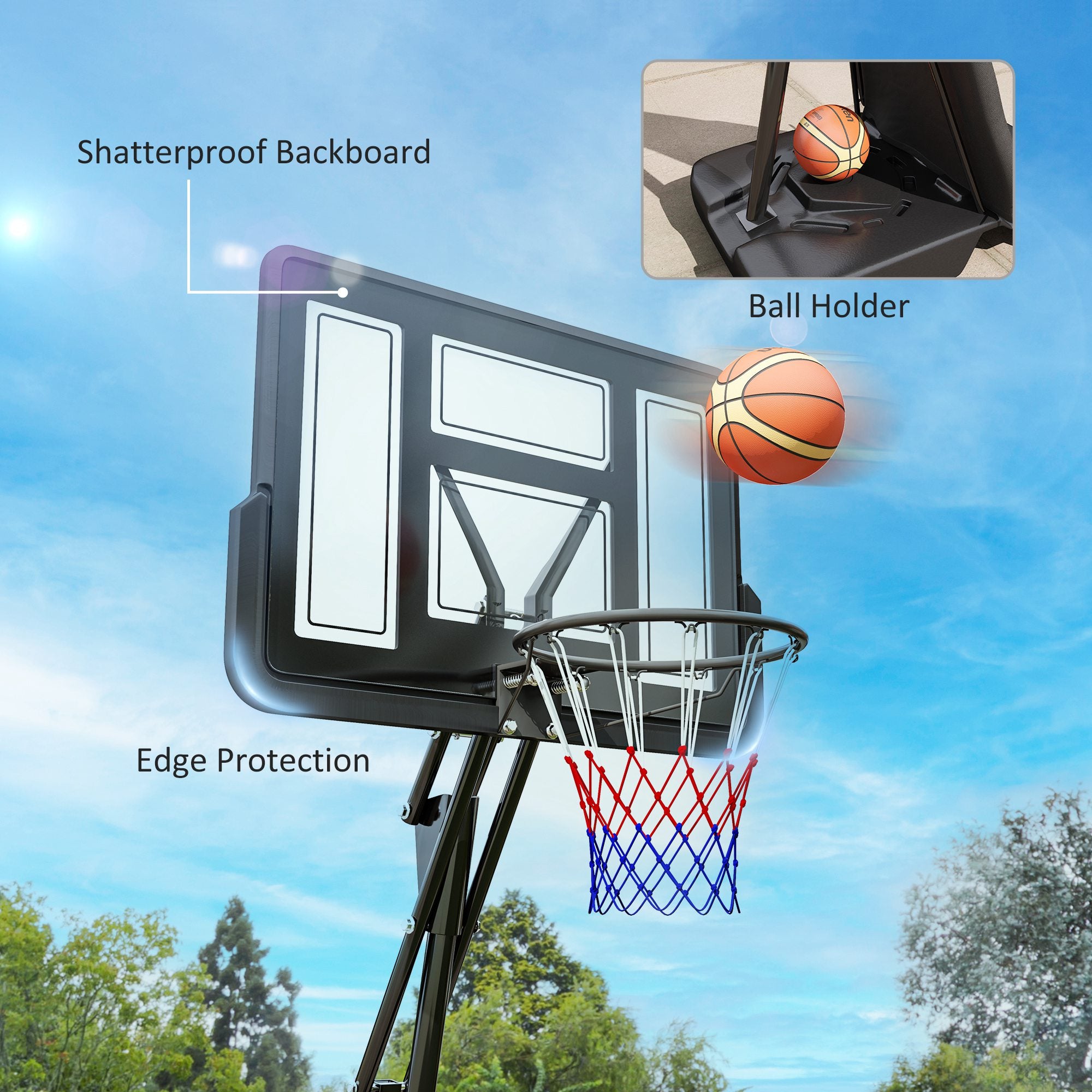 Basketball Hoop Outdoor, Height Adjustable Basketball Hoop and Stand with Rebound System, Weighted Base, Portable on Wheels, 2.45-3.05m, for Teens, Juniors, Adults, Black