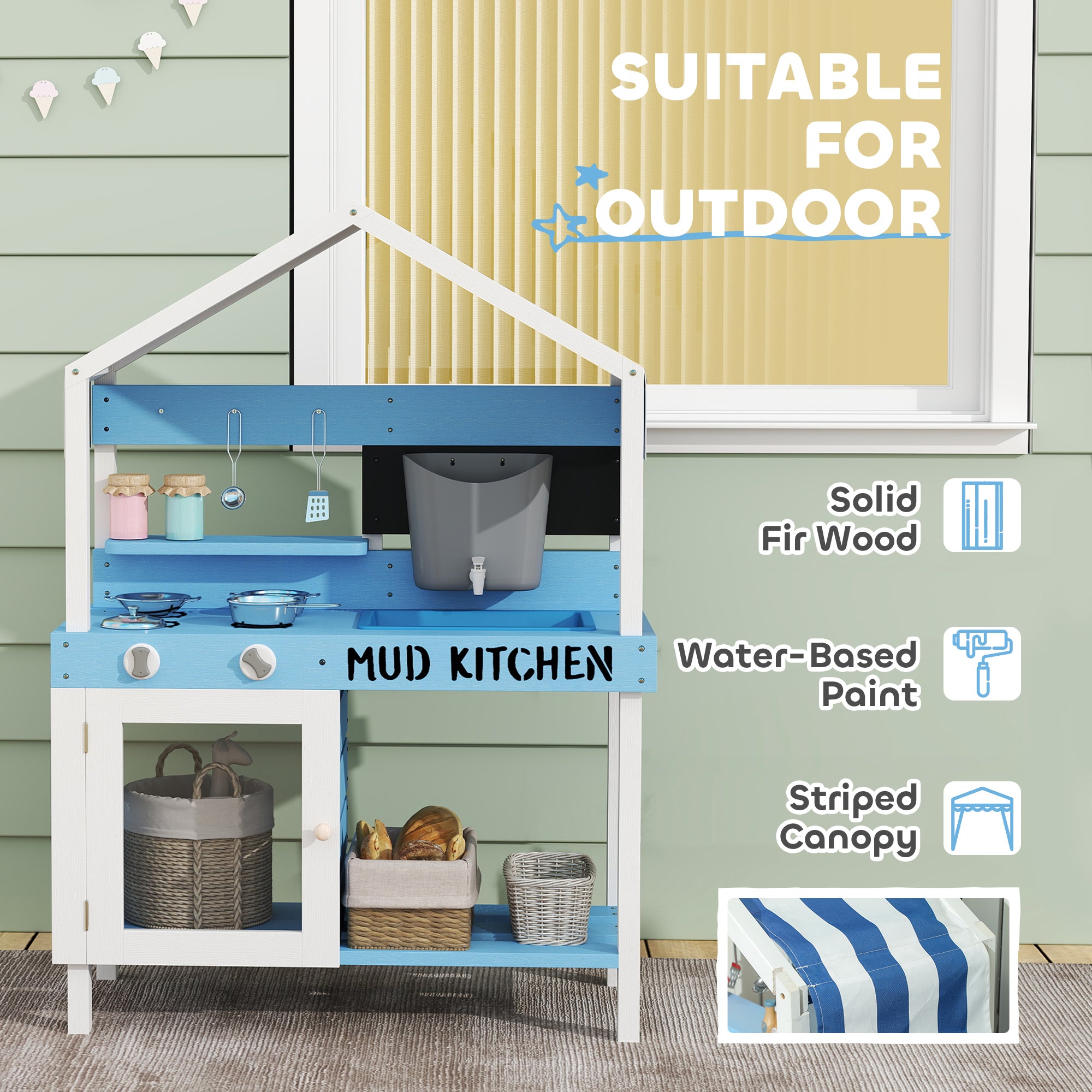 Kids Mud Kitchen Outdoor with Stoves, Sink, Faucet, Storage Shelves, Cookware Accessories for Boys Girls, Blue