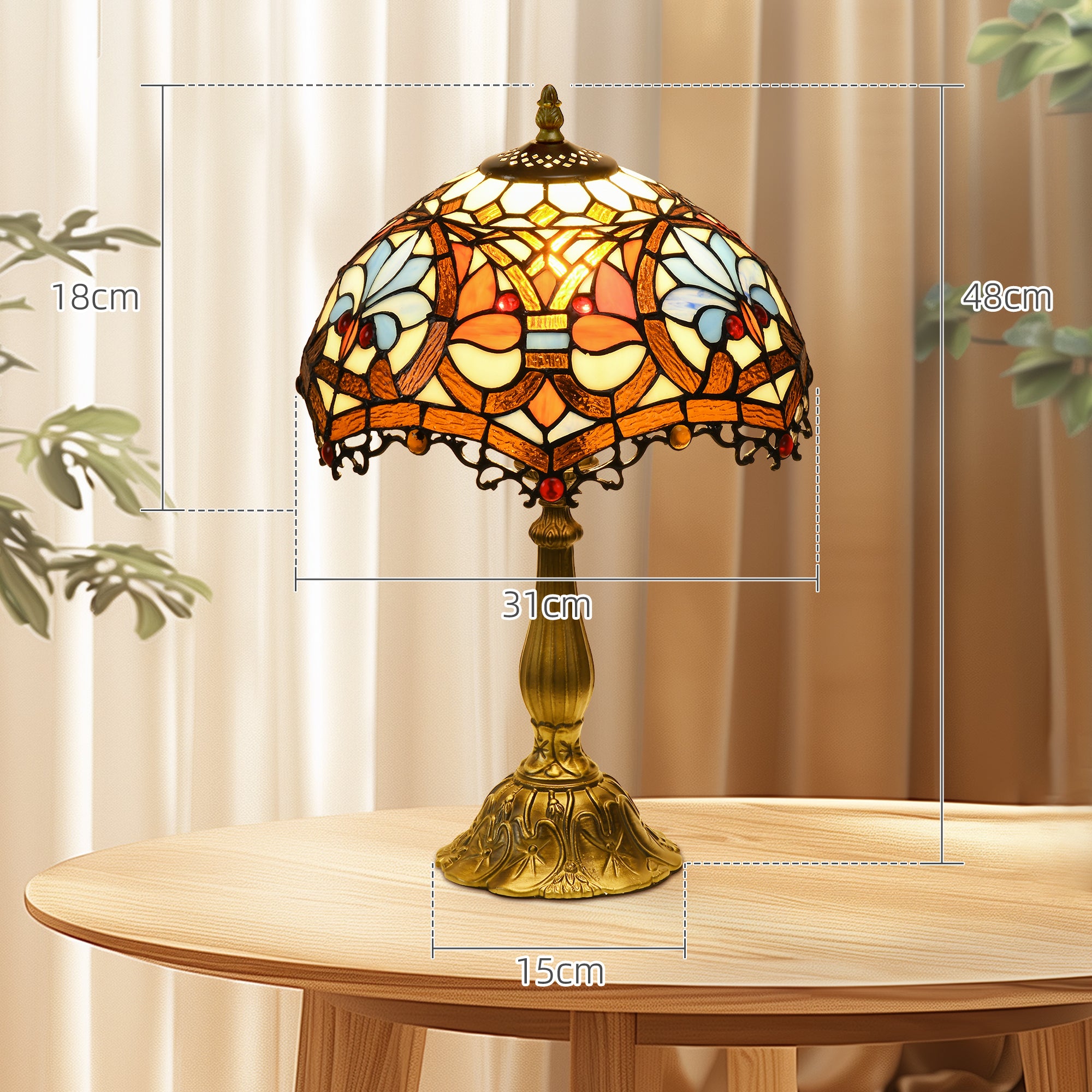 Stained Glass Table Lamp, Handcrafted Artisan Collectible, Suitable for Living Room and Bedside, Multi-Coloured, Ф31 x 48Hcm, Zinc Alloy.