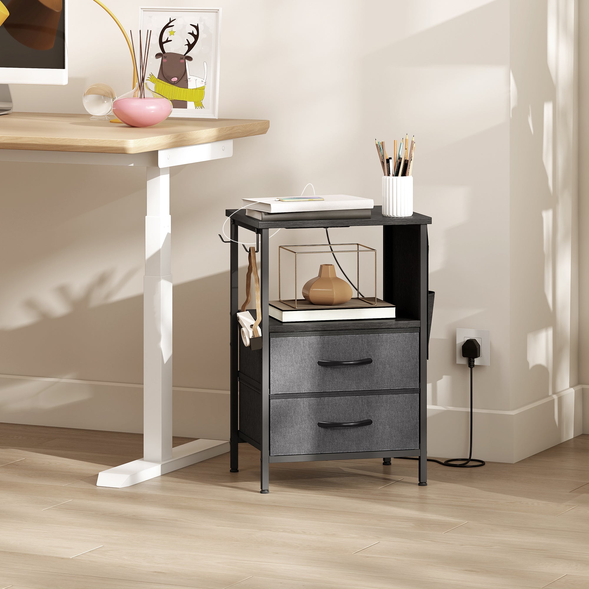 Bedside Table with Charging Station - Black