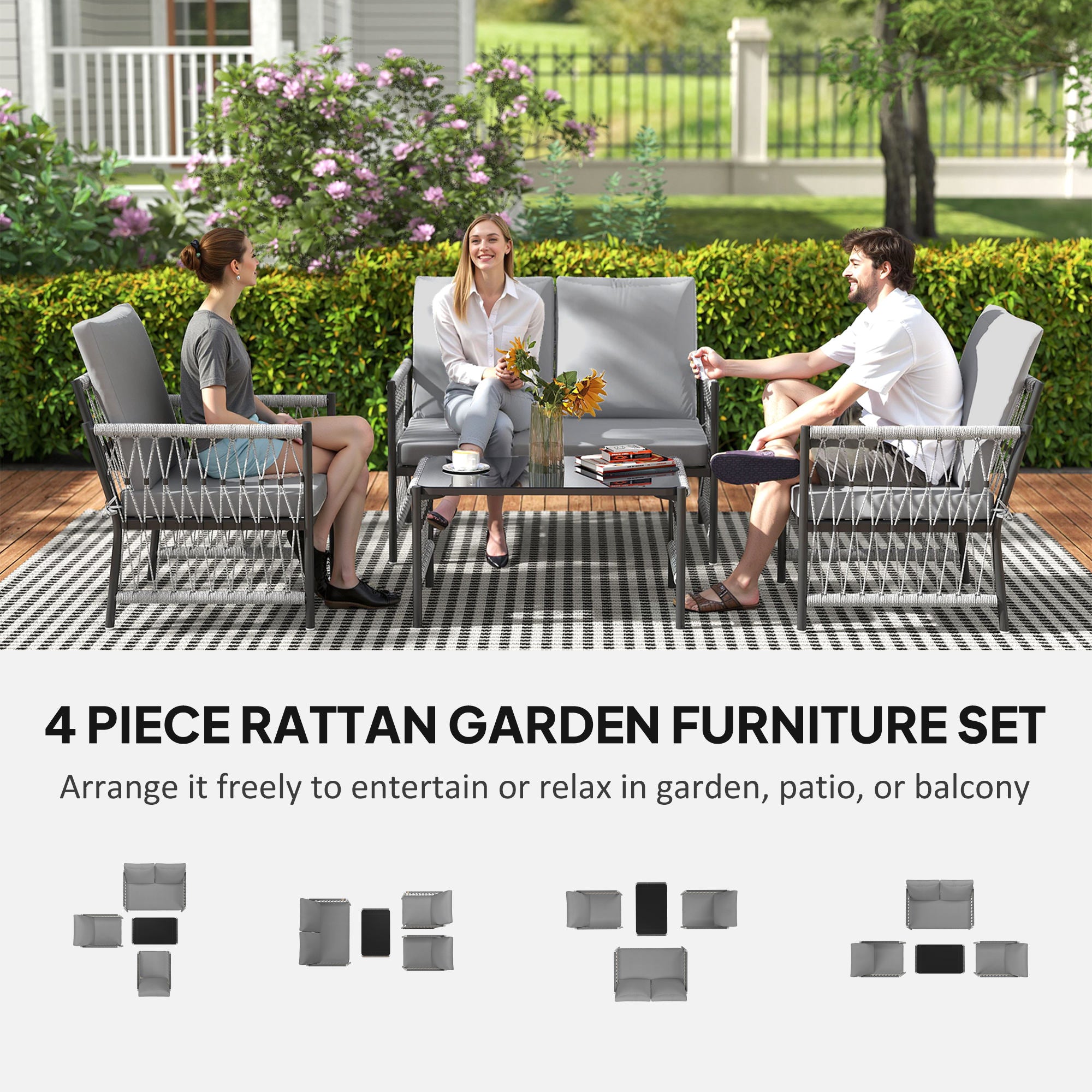 4 Piece Rattan Garden Furniture Set With Cushions Grey