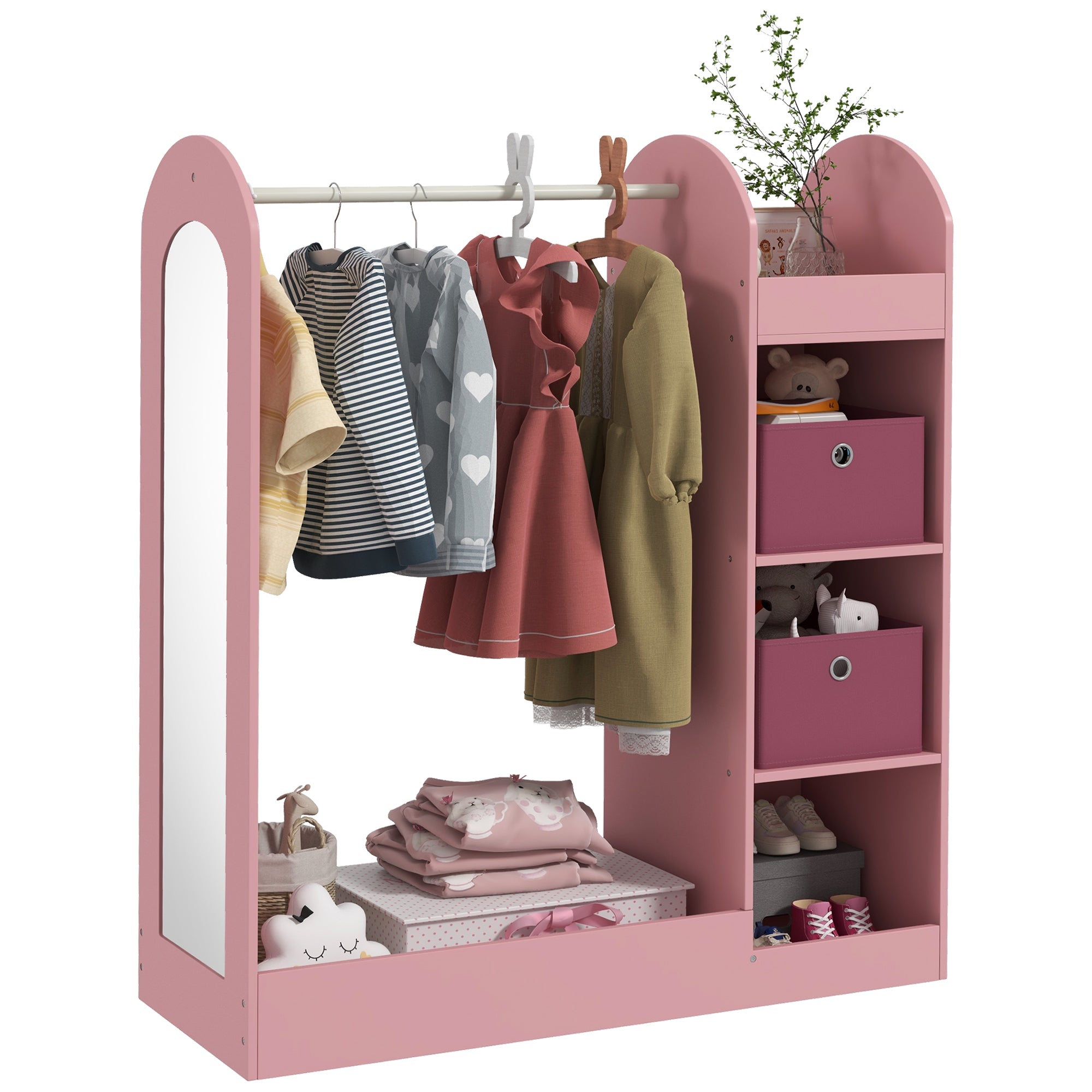 Kids Clothes Rail with Storage Shelf, Boxes, Mirror for Bedroom, Nursery, Pink