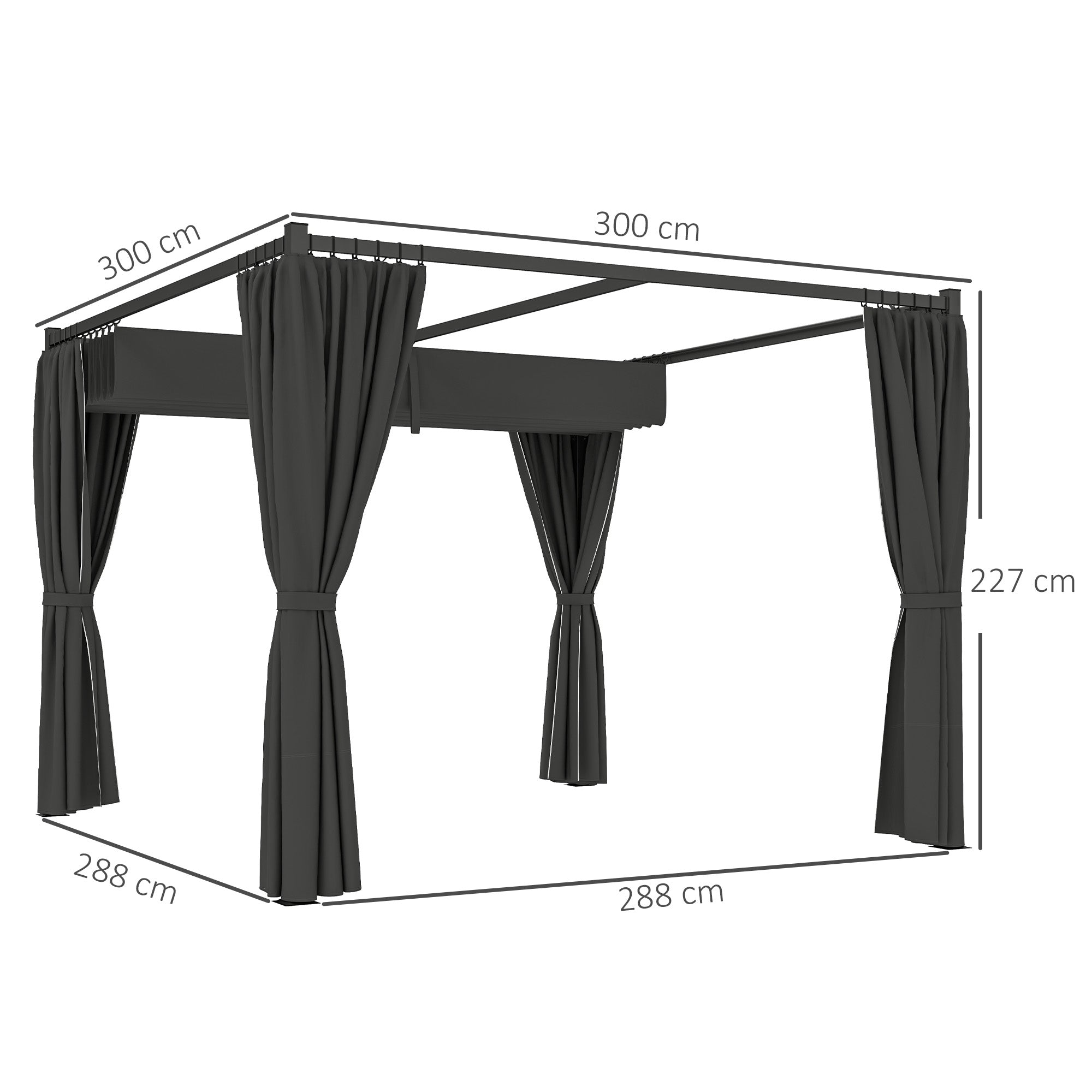 3 x 3m Retractable Pergola with Curtains for Garden, Patio, Deck - Charcoal Grey