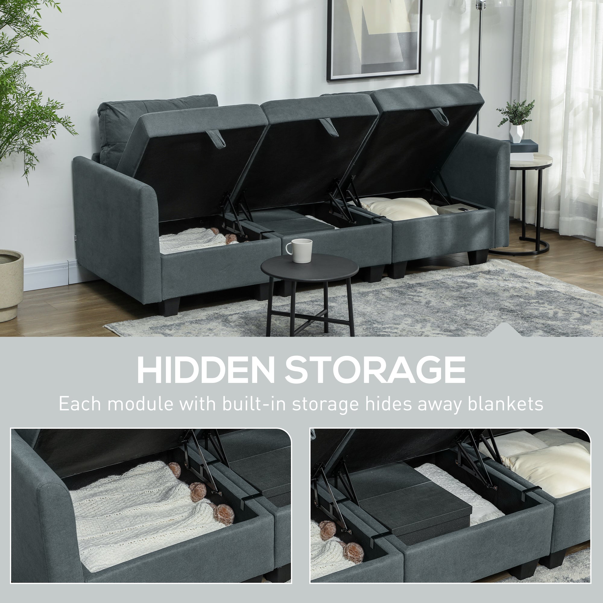 'L' Shape Modular Storage Sofa - Dark Grey