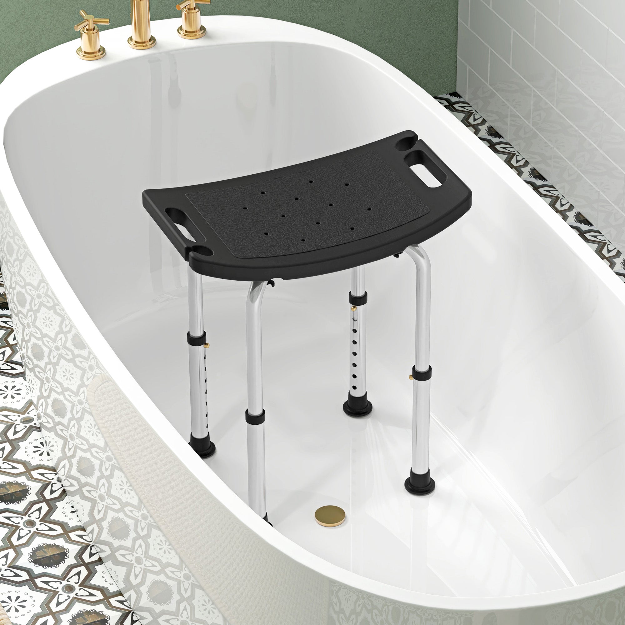 Height Adjustable Bath Stool, Aluminium Shower Stool with Non-Slip Pads for Elderly, Disabled, Seniors, Pregnant, Black