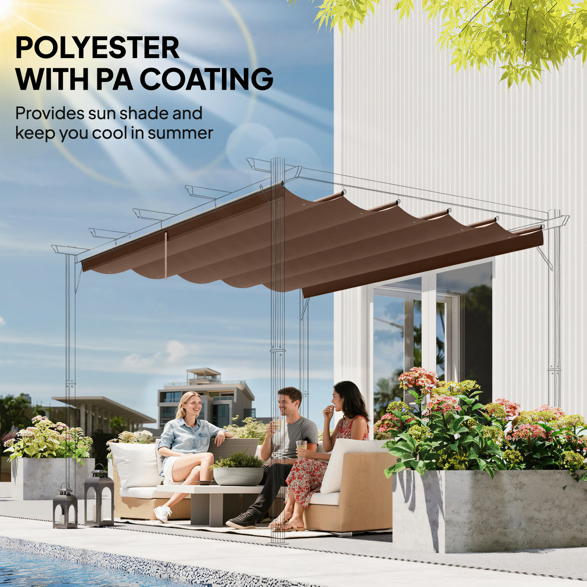 Retractable Pergola Cover, 2.55 x 2.5 m Replacement Canopy Fabric for 3 x 3 m Frame, Roof Top Only, Brown