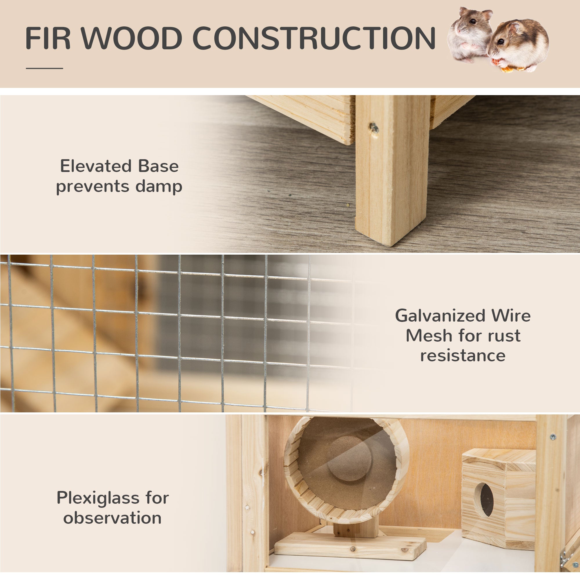 Wooden Hamster Cage with Sliding Tray, 2 Tiers Gerbil Cage Mice Rodent Small Animal Hutch with Run Area, Openable Roofs, Ramp, Seesaw, Running Wheel, 78 x 41.5 x 60 - Natural