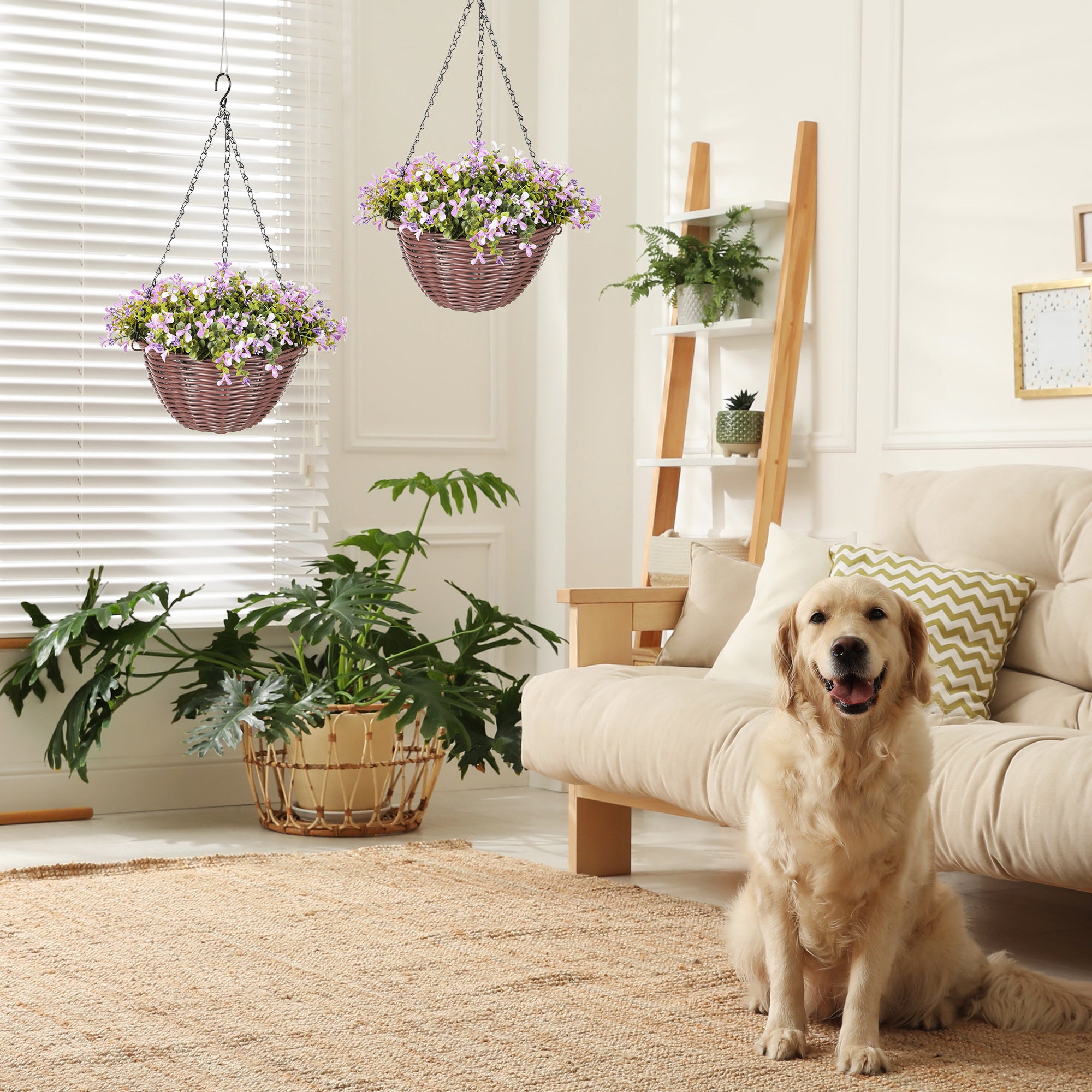 Artificial Flowers in Basket Set of 2, Artificial Hanging Baskets with 75 Leaves and 15 Flowers in Pot, Decorative Plant for Home Office Decor, Purple