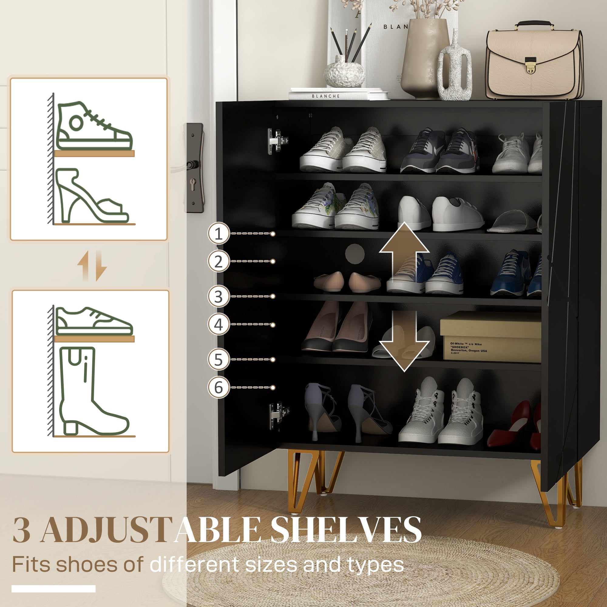 Narrow Shoe Storage Cabinet with Soft-Close Hinges and Adjustable Shelves for 15-20 Pairs of Shoes, Black