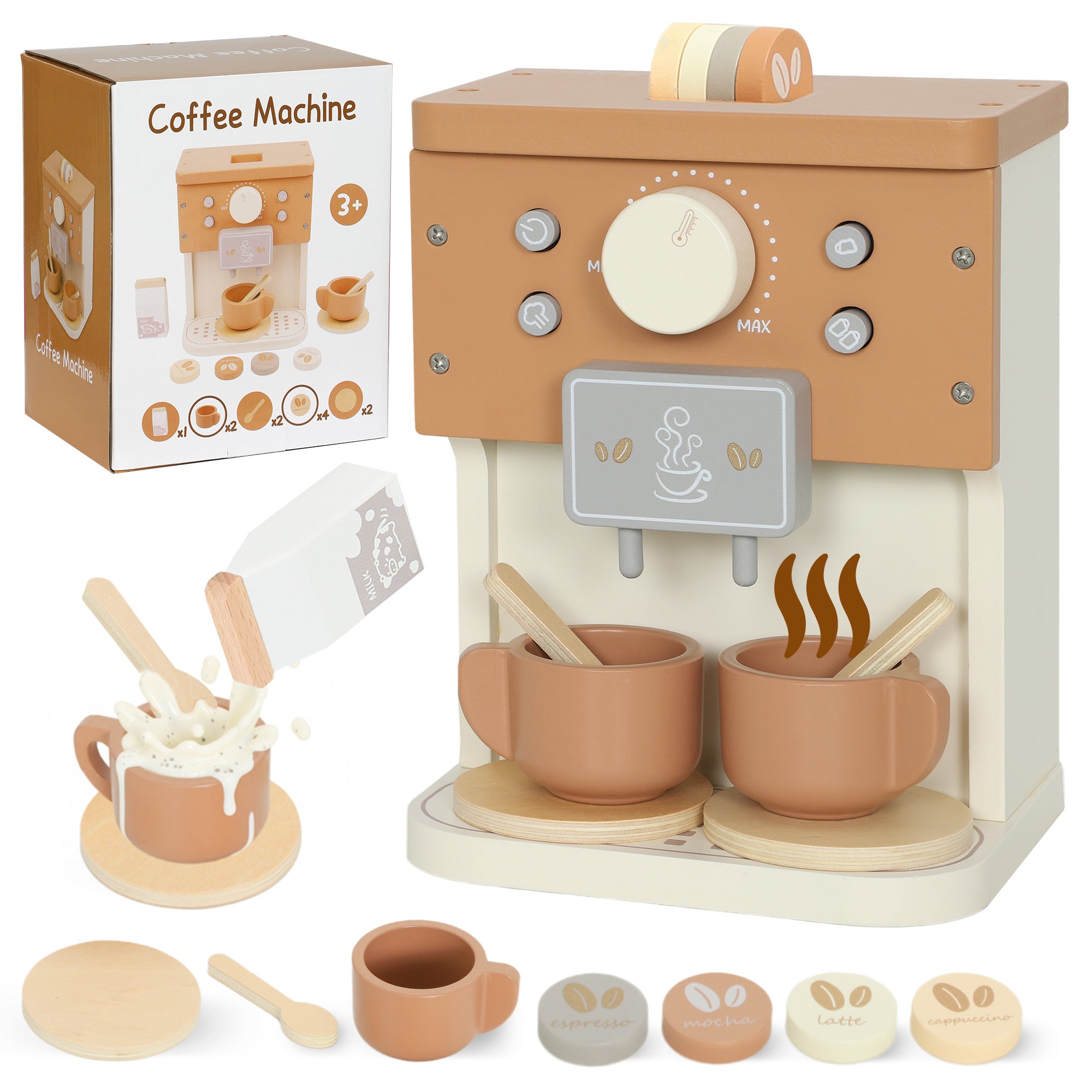 Kids Wooden Coffee Machine Toy, Pretend Play Kitchen Accessories Gift for Boys and Girls Ages 3+