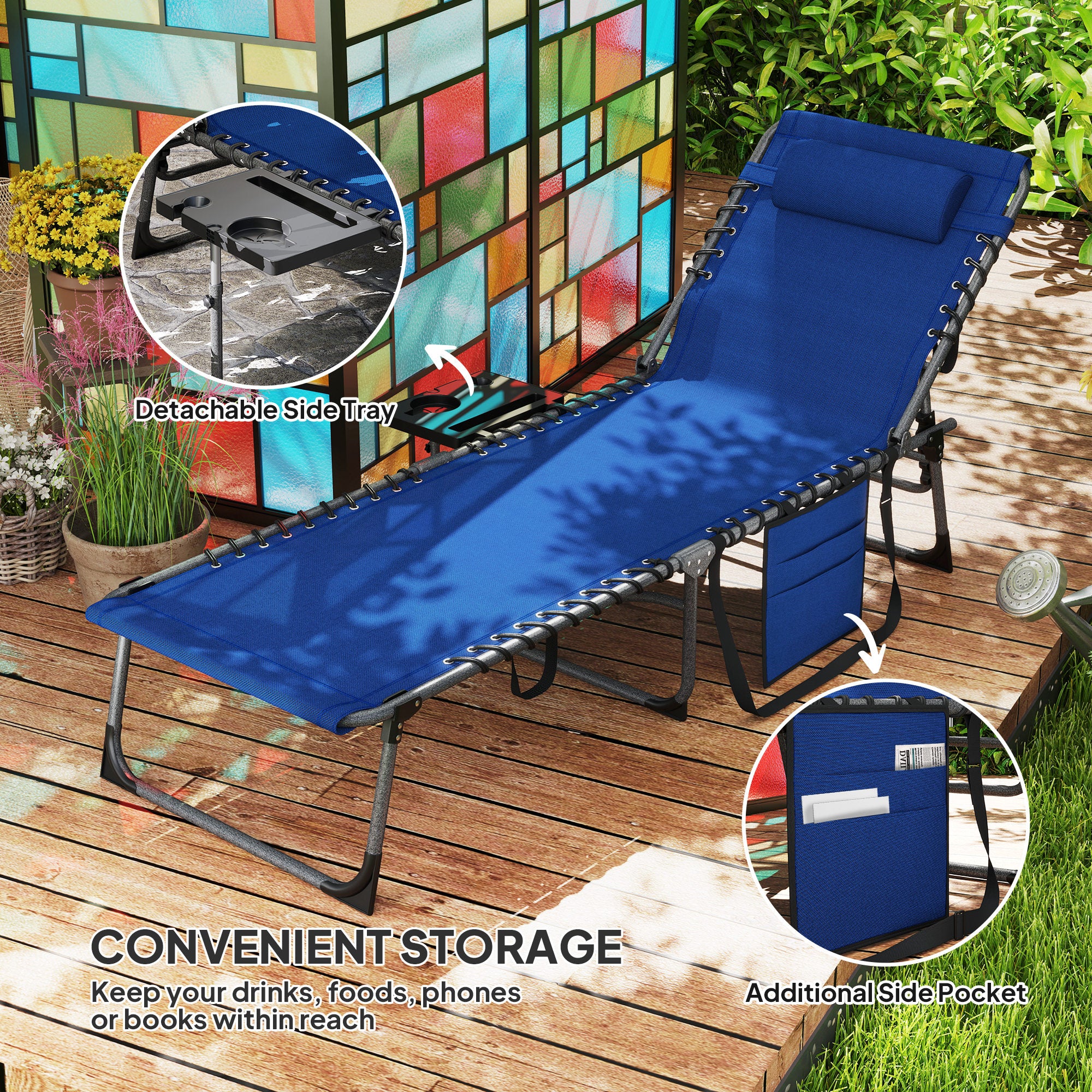 Five-Position Reclining Sun Lounger with Side Table and Pillow - Dark Blue