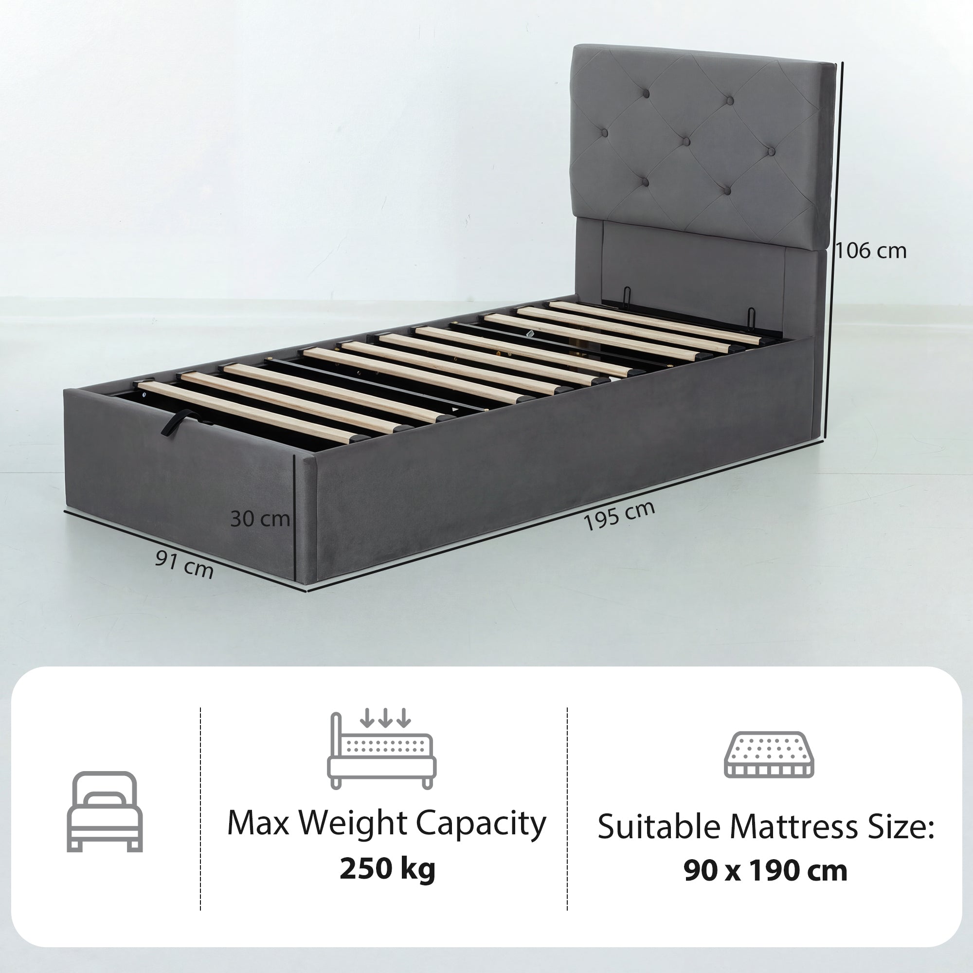 Single Bed Frame Gas End Lift Under Bed Storage Upholstered Platform Bed Tufted Headboard for 90 x 190 cm Mattress