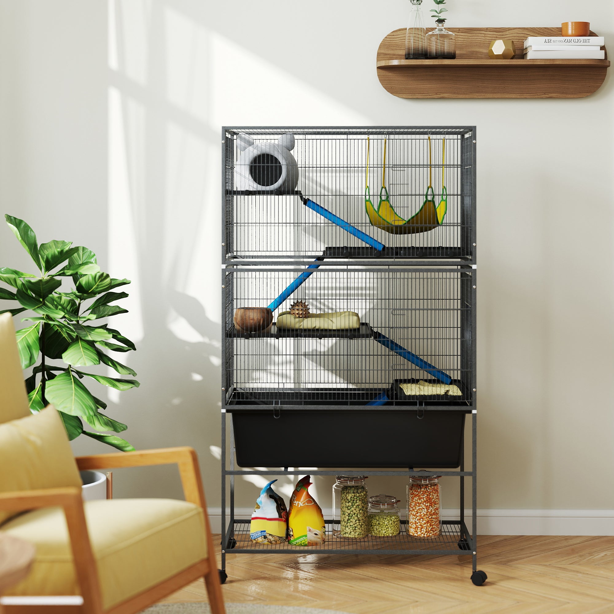 5-Level Rolling Small Animal Cage with Non-Slip Ramps & Slide-Out Tray - Dark Grey