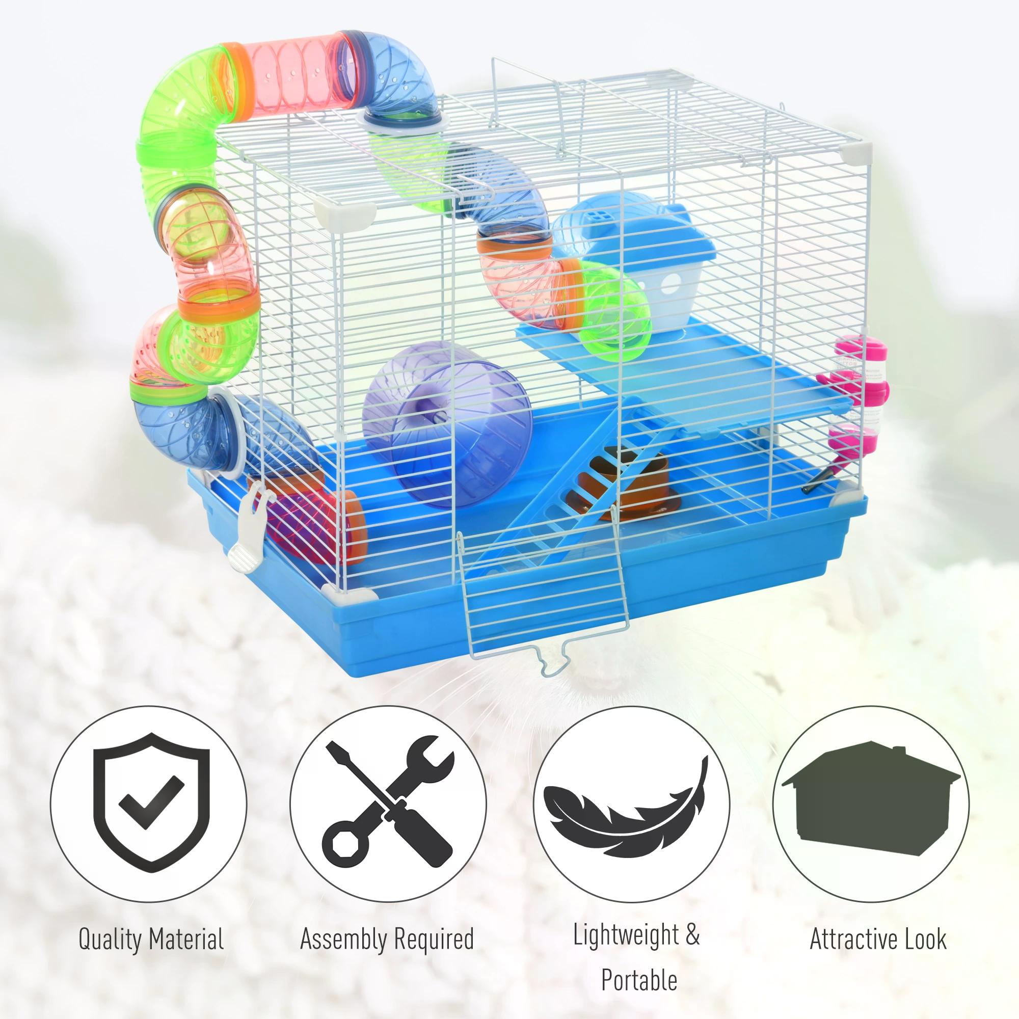 Pawhut 2 Tier Hamster Cage Carrier Habitat Small Animal House with Exercise Wheels Tunnel Tube Water Bottle Dishes House Ladder for Dwarf, Blue