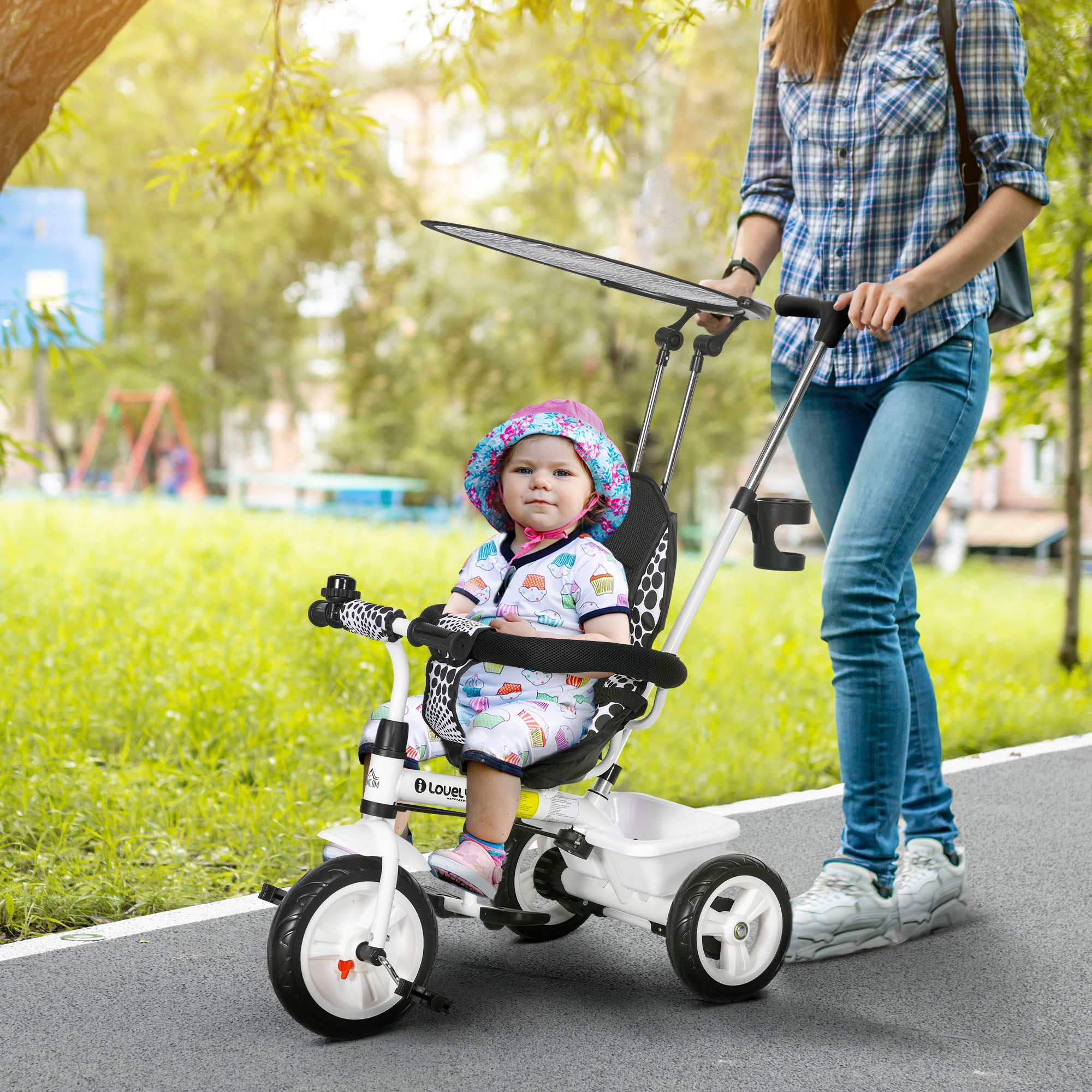 6 in 1 Tricycle for Kids with 5-point harness straps, Removable Canopy, White