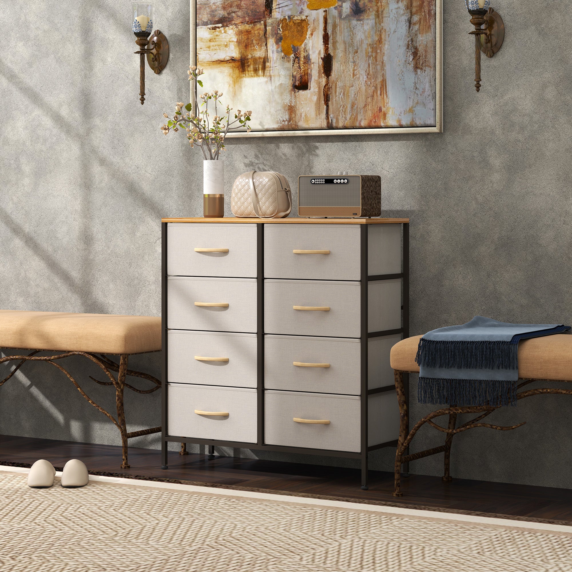 Fabric Chest of Drawers with 8 Storage Drawers, Steel Frame and Wood-Effect Top - Cream White