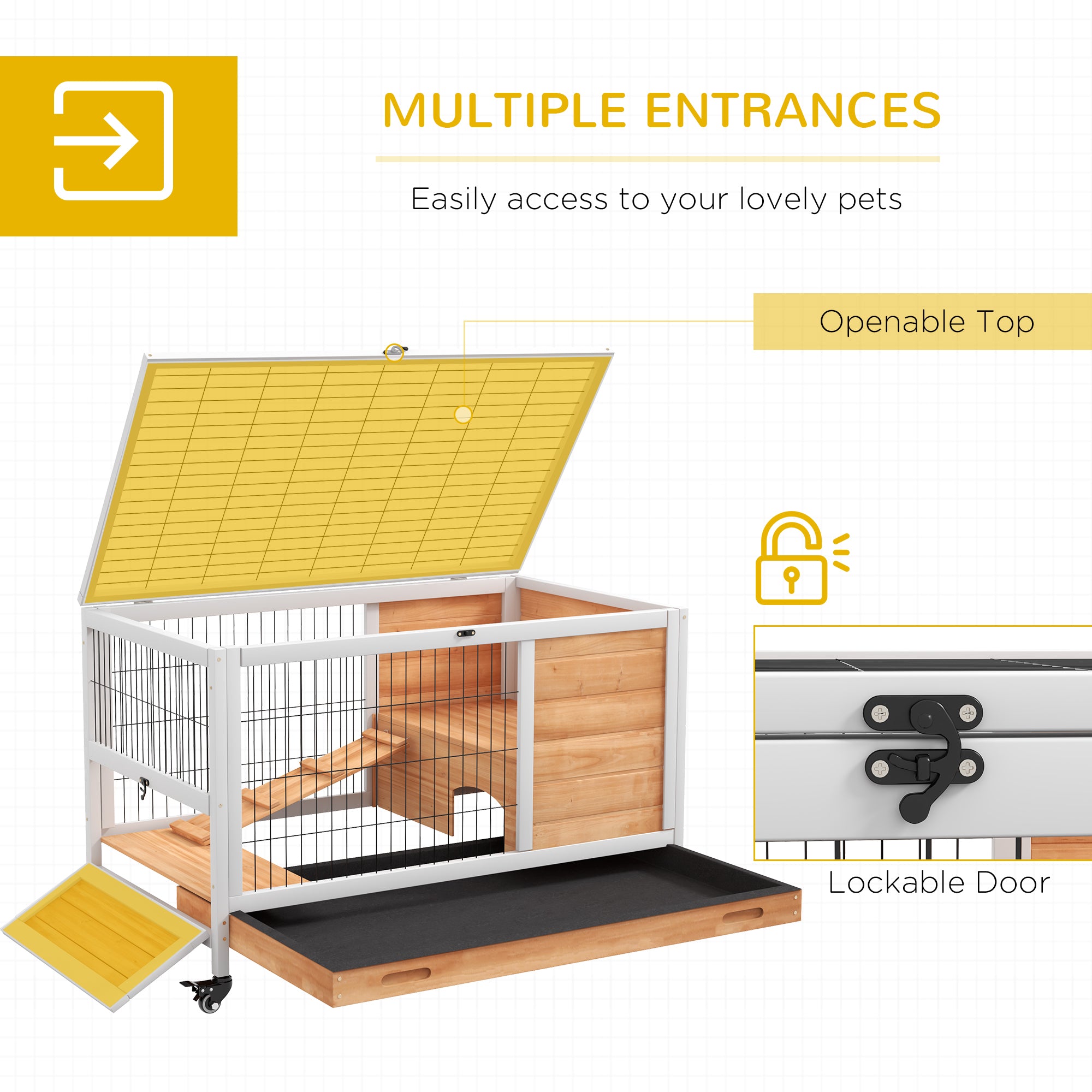 Wooden Guinea Pig Hutch, 2-Floor Bunny Cage w/ Enclosed Run Area, Yellow