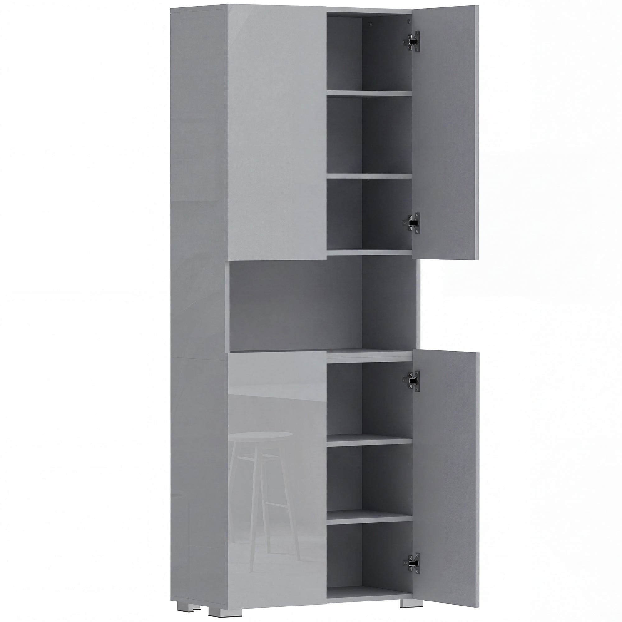 180 cm Tall Kitchen Cupboard, Pantry Storage Cabinet with Soft Close Doors and Adjustable Shelves, High Gloss Grey