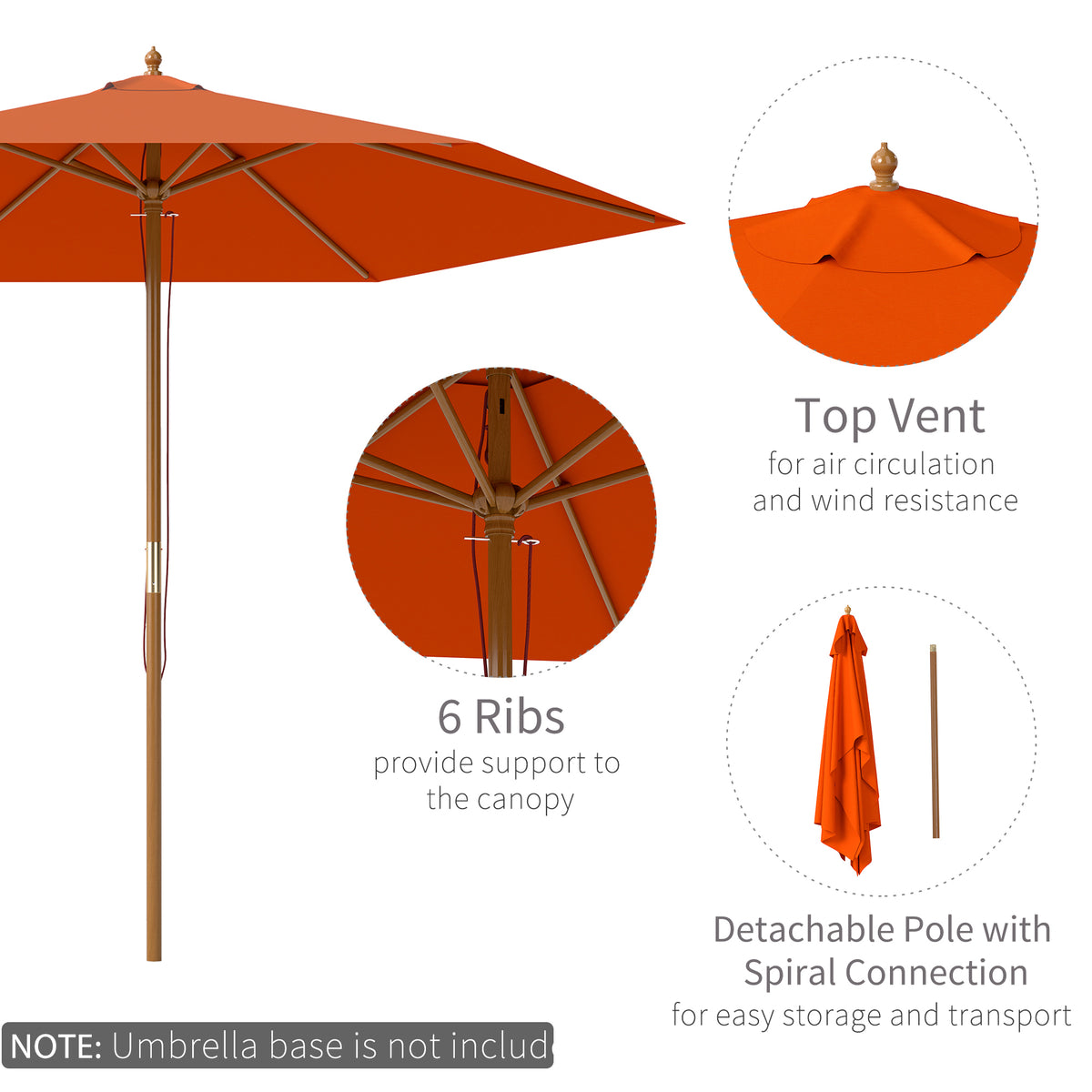 2.5m Wooden Garden Parasol Sun Shade Patio Umbrella Canopy - Orange