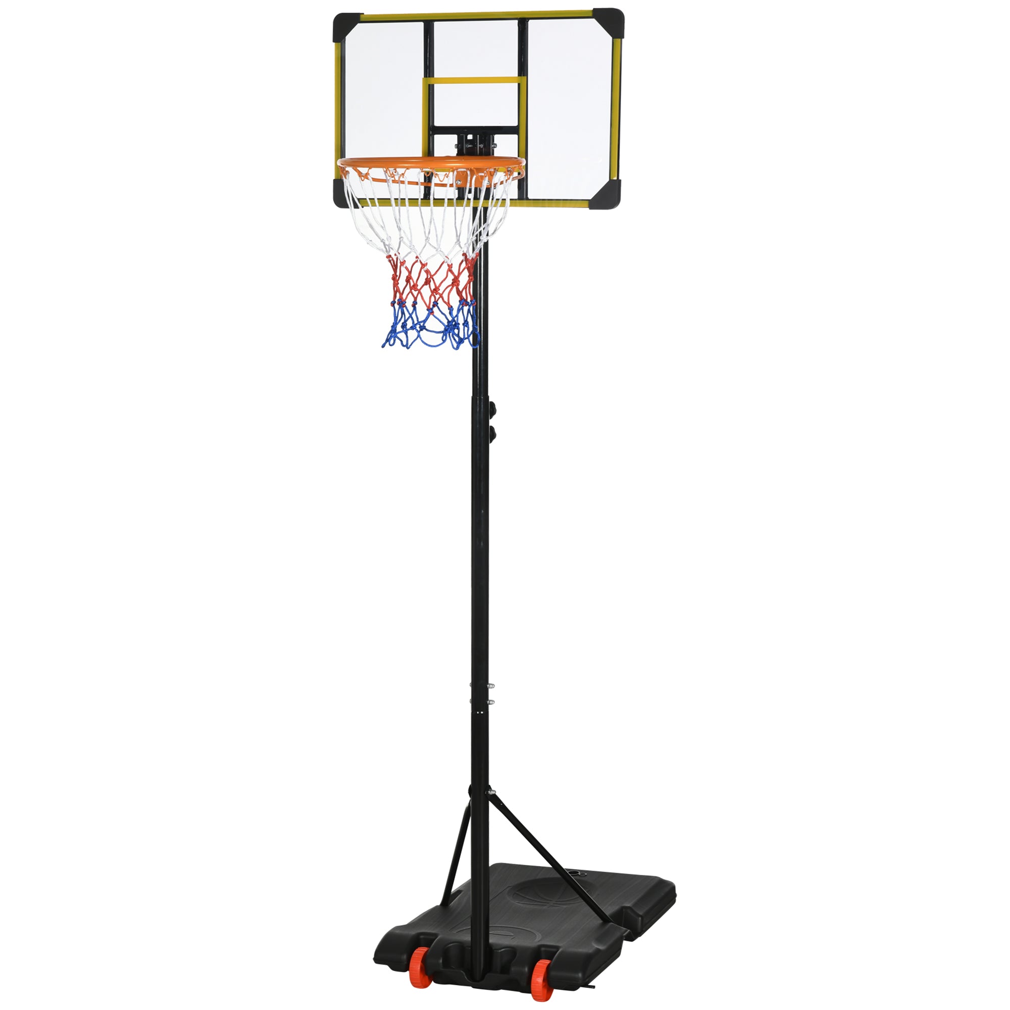 Height Adjustable Basketball Hoop and Stand with Firm Backboard and Weighted Base, Portable on Wheels, Yellow
