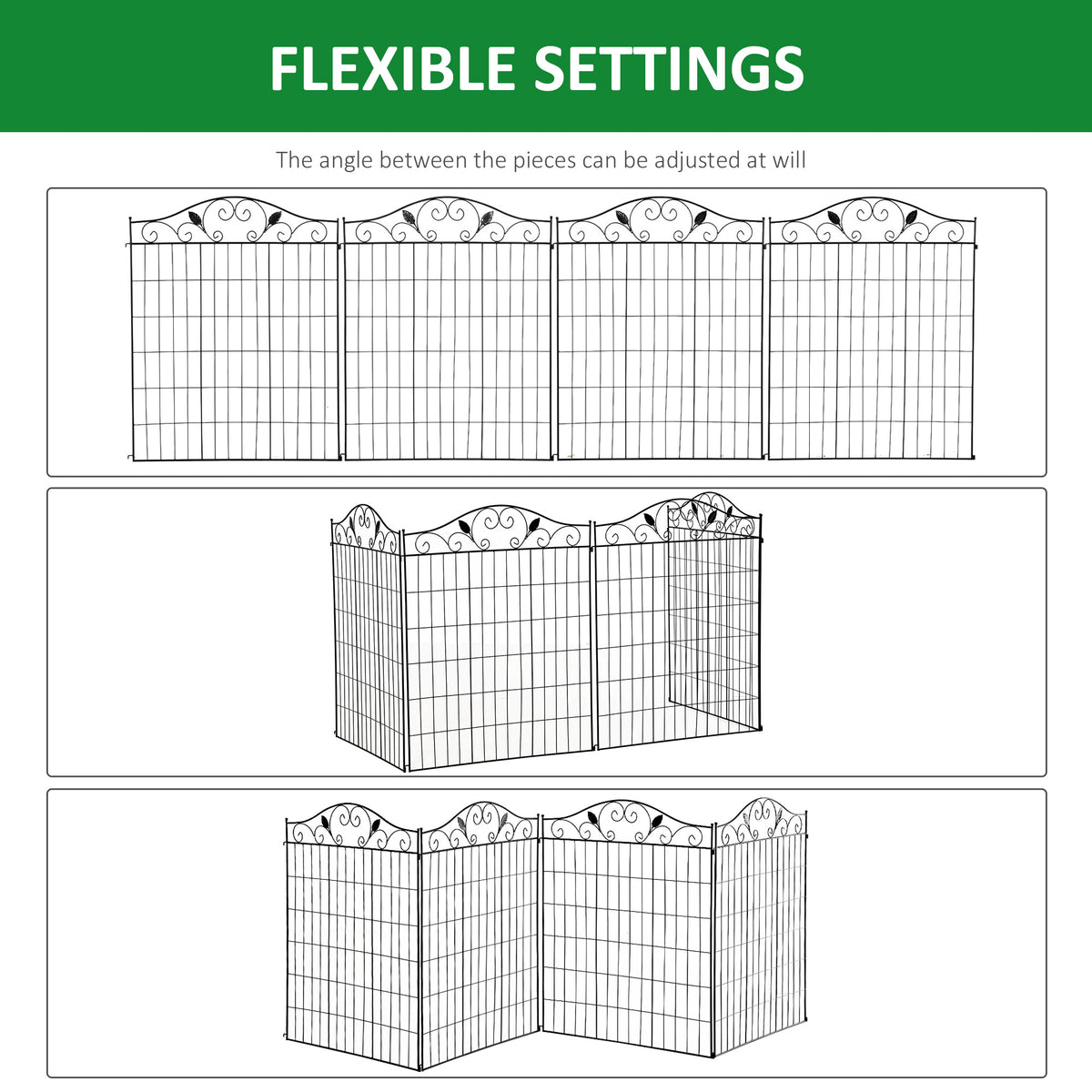 Set of 2 Decorative Garden Fence, 8 Panels Metal Picket Fence, Versatile Shapes for Patio Lawn, 365cm x 112cm, Black