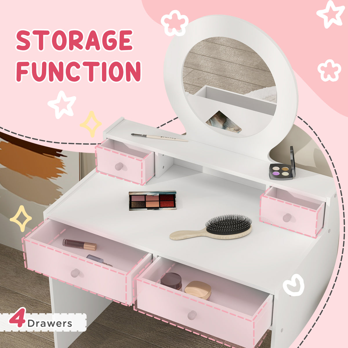 Kids Dressing Table Set Kids Make up Table with Stool and Mirror, Storage Drawers, Gift for Aged 3-8