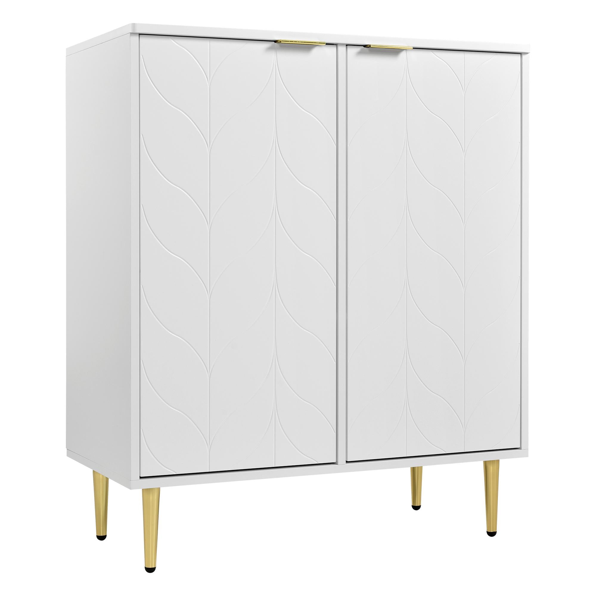 Lacquered Sideboard with 2 Doors and 6 Compartments, Gold-Plated Feet and Handles, 3 Shelves, 75L x 40W x 90H cm, White