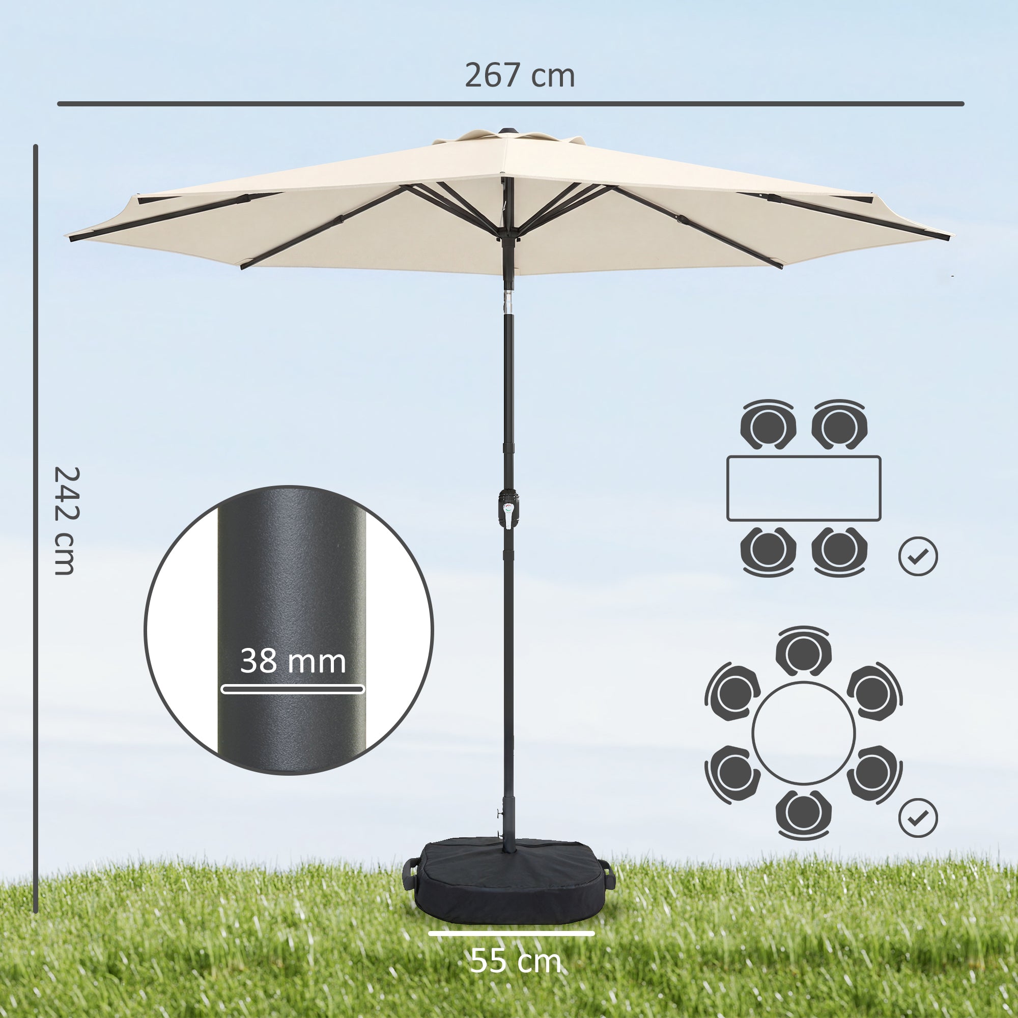 2.7 m Garden Parasol Umbrella with Cross Base and Sandbag, Retractable Ribs, Outdoor Table Market Umbrella, Cream White