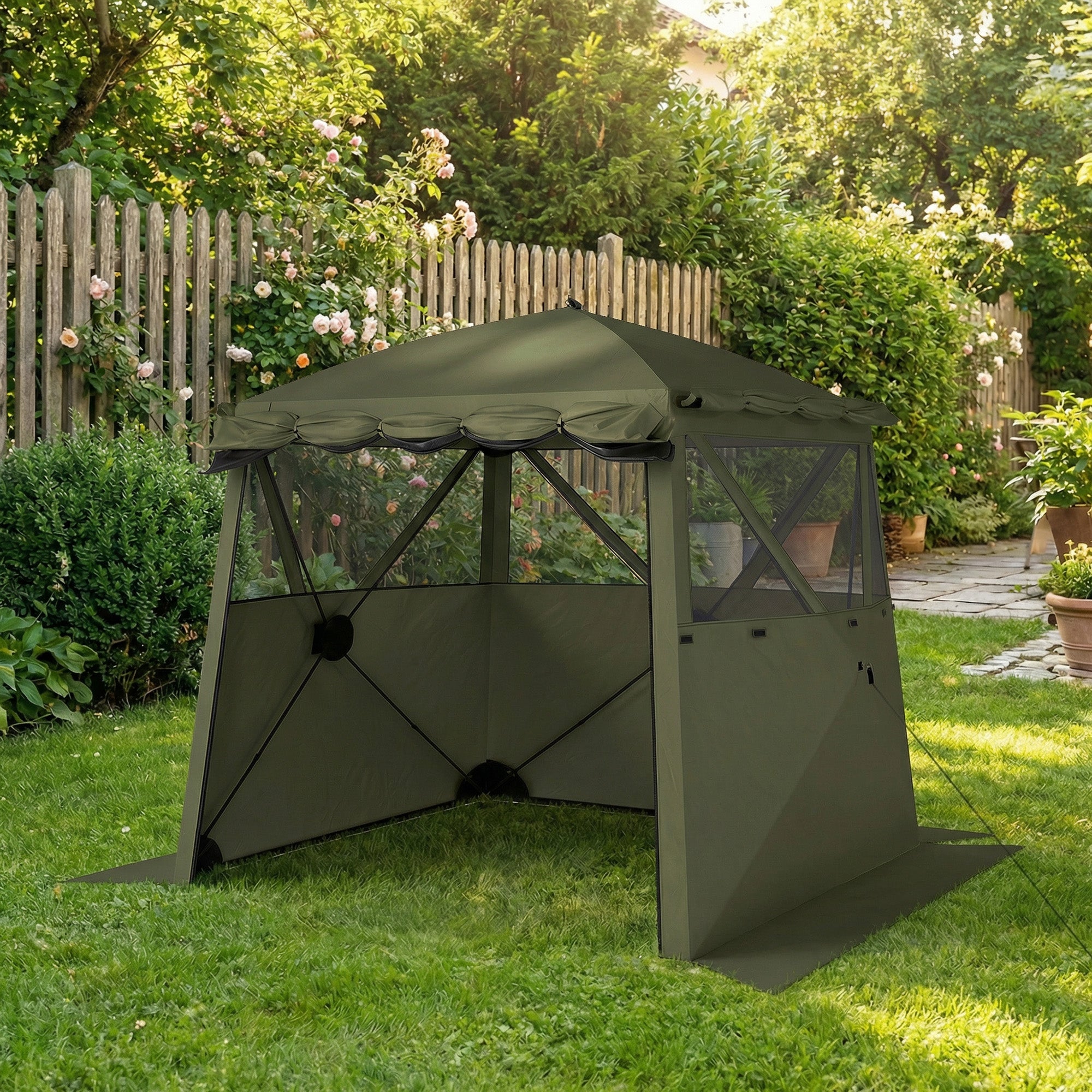 Pop Up Gazebo Waterproof Instant Shelter with Awning Mesh Windows for Camping Patio 2 x 2 m, Army Green