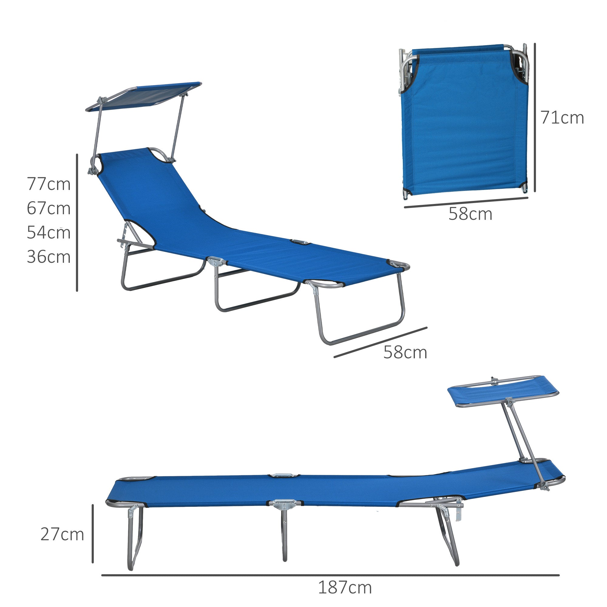 Outdoor Foldable Sun Lounger Set of 2, 4 Level Adjustable Backrest Reclining Sun Lounger Chair with Angle Adjust Sun Shade Awning for Beach, Garden, Patio, Blue