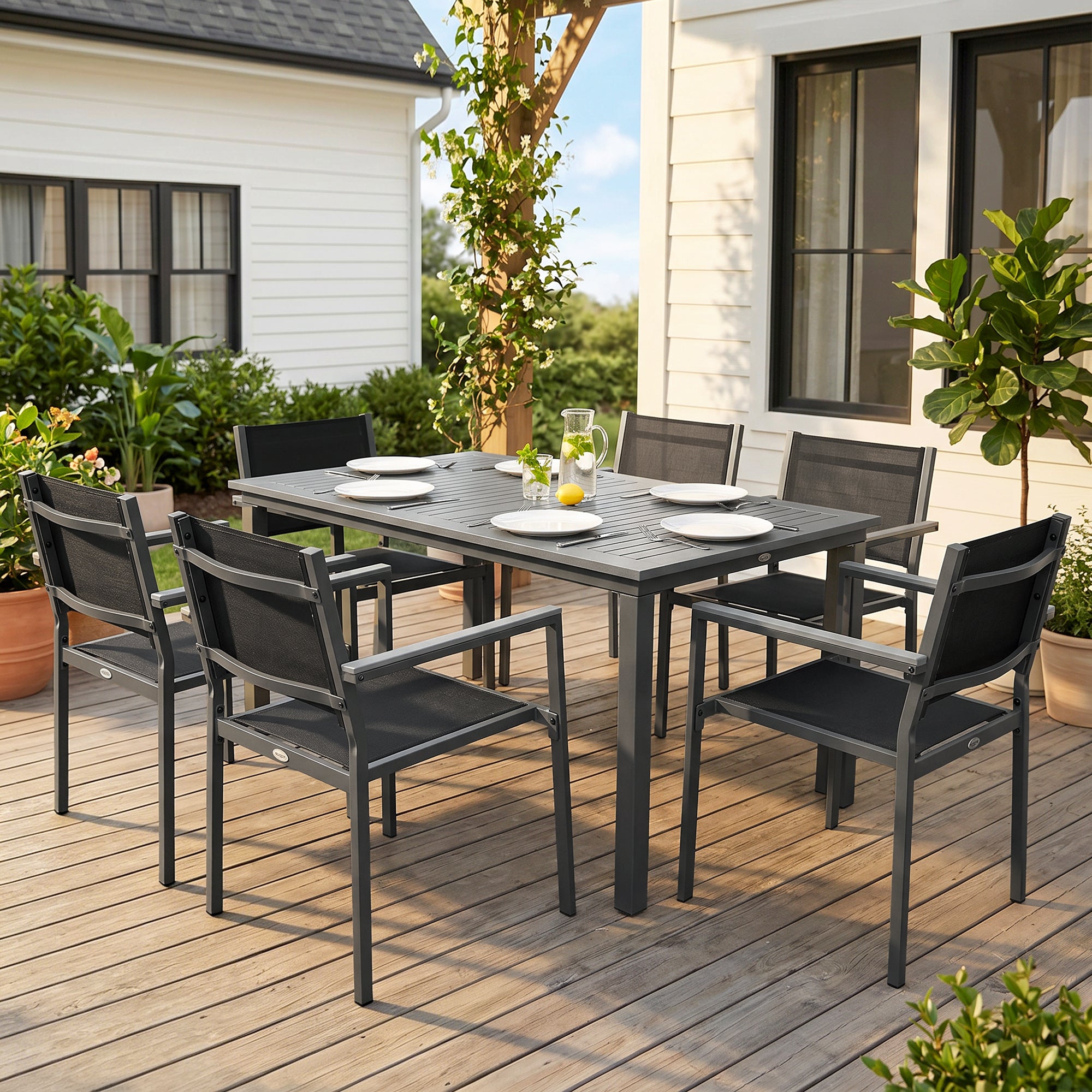 Garden Dining Set with Acacia Wood Table Top, Outdoor Table and Stackable Chairs Set for 6 with Texteline Seat, Grey