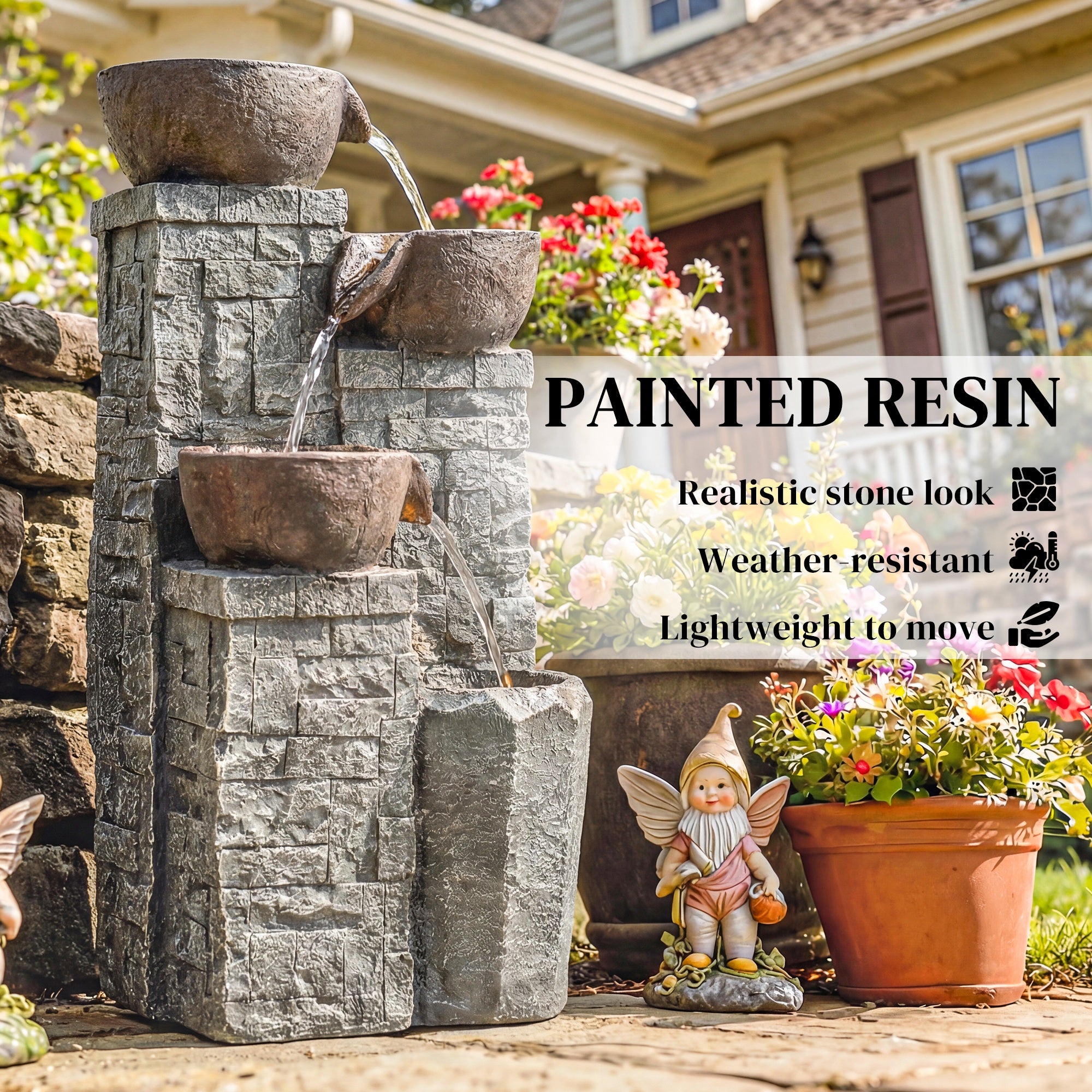 4-Tier Outdoor Fountain, Cascading Waterfall, Garden Fountain with LED Lights, Adjustable Flow, Grey and Rustic Brown