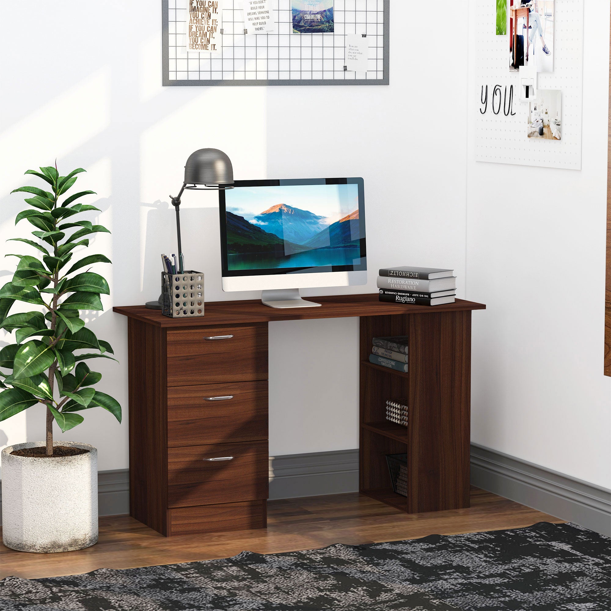 Computer Desk, Writing Table, PC Workstation with 3 Storage Shelves and Drawers, Silver Handle, for Home Office, Walnut