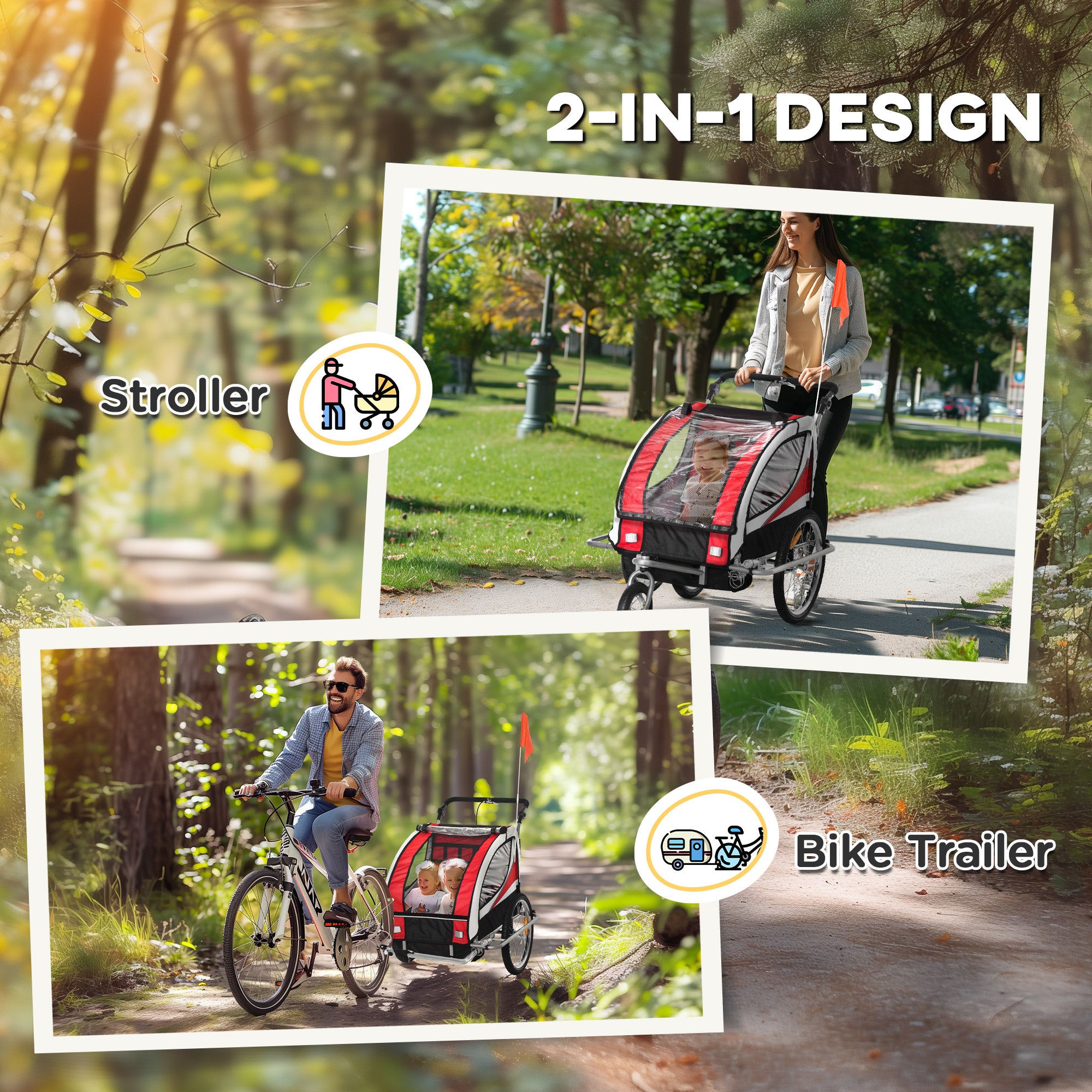 Child Bike Trailer Baby Bicycle Trailer 360° Rotatable for 2 Kids with Steel Frame LED Hitch Coupler Red