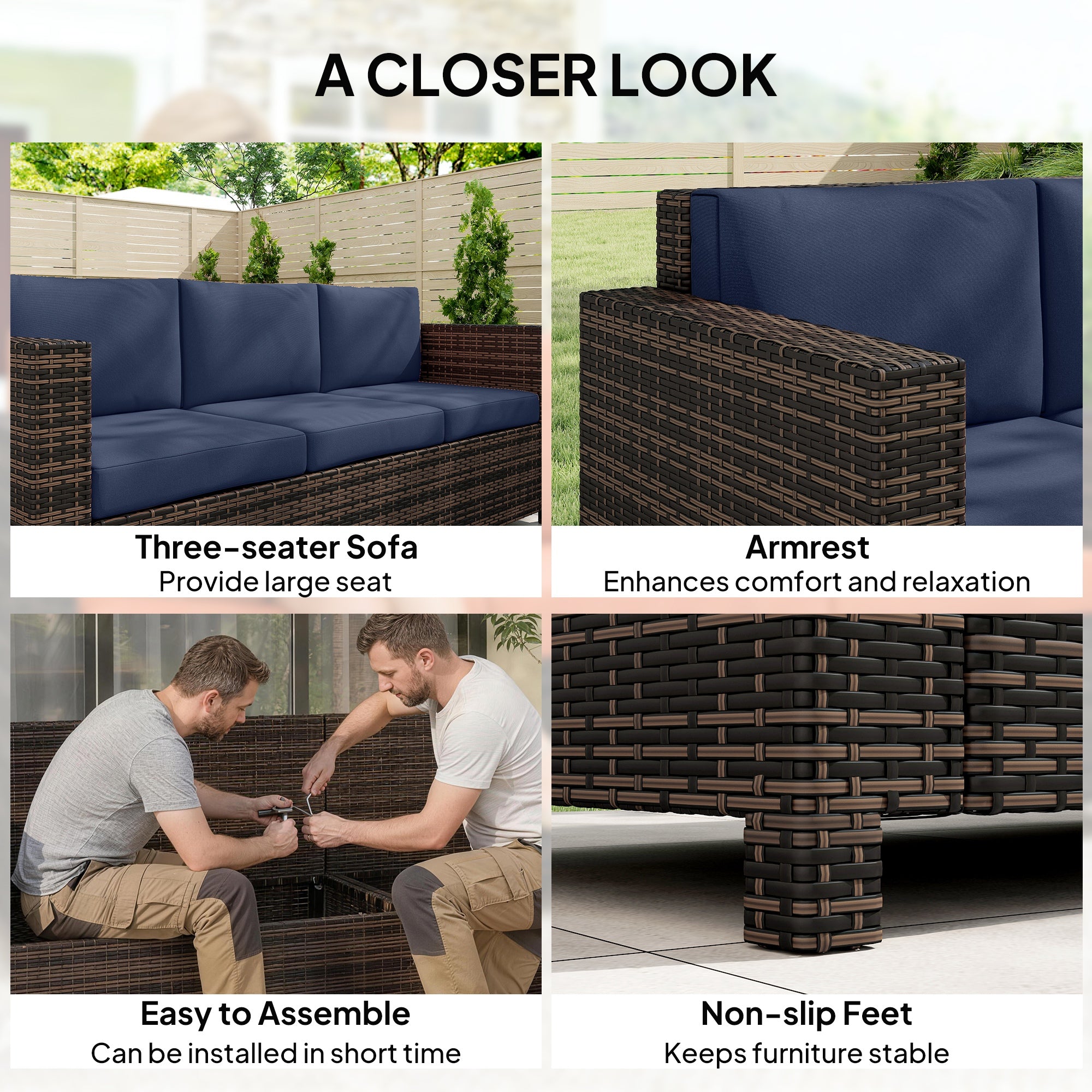 3 Seater Rattan Sofa All-Weather Wicker Weave Metal Frame Chair with Fire Resistant Cushio-Dark Blue