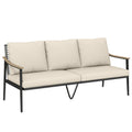 3 Seater Rattan Sofa, Outdoor Garden Sofa with Wood-Effect Armrests, Cushions for Patio, Balcony, Khaki