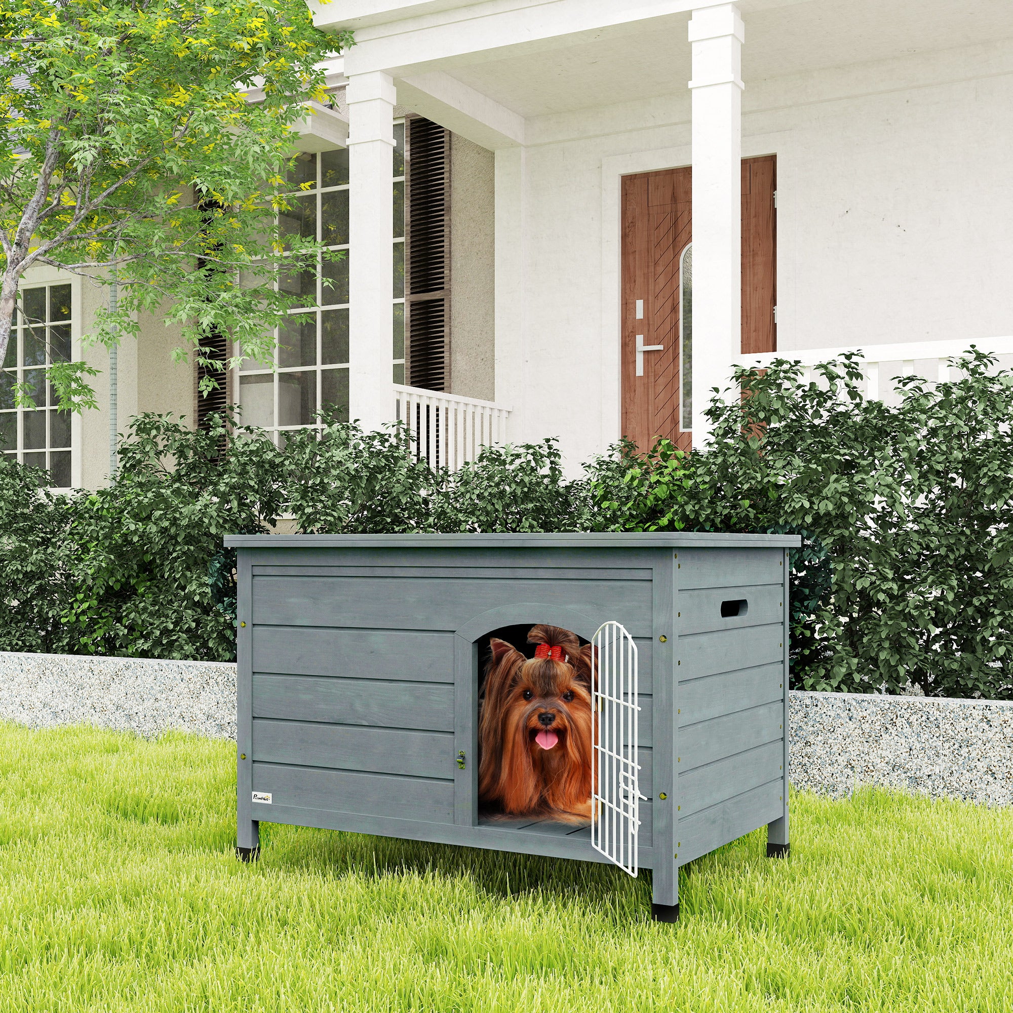 Wooden Dog House with Removable Bottom, Wire Door, Openable Top, Pet Shelter for Small Dog, 80 x 55 x 53.5cm, Dark Grey